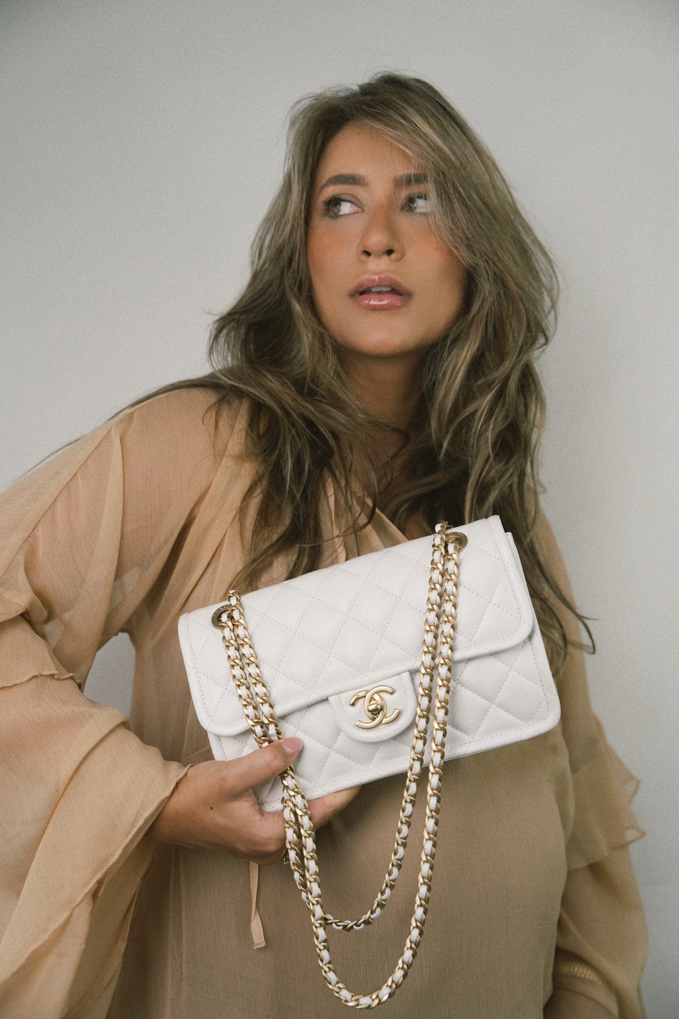 21P White Caviar Quilted Sweet Single Flap Bag Aged Gold Hardware