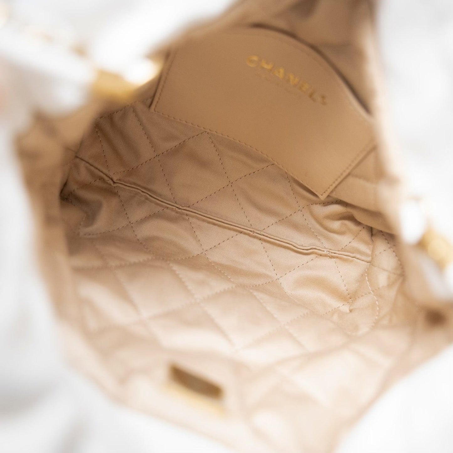 White Calfskin Quilted Mini 22 Bag Antique Gold Hardware