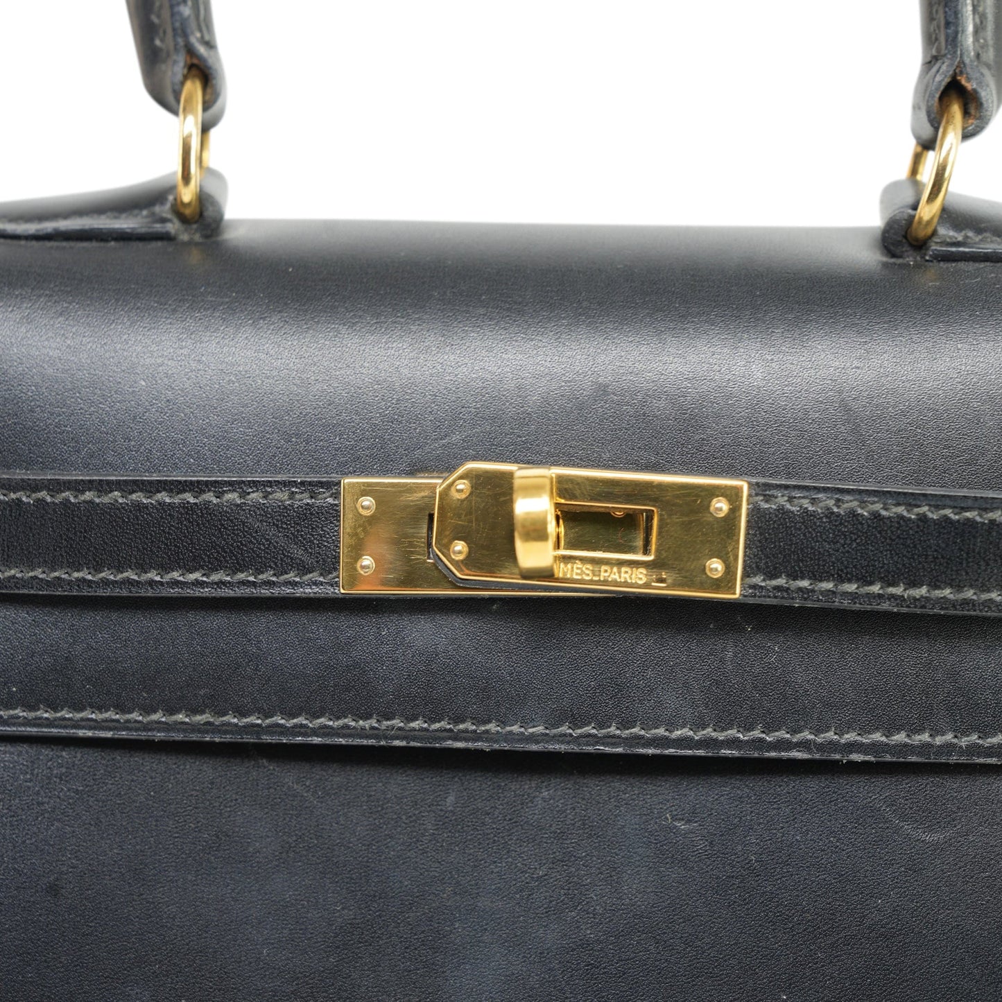 Vintage Mini Kelly Black Box Calfskin Gold Plated (U) Stamp