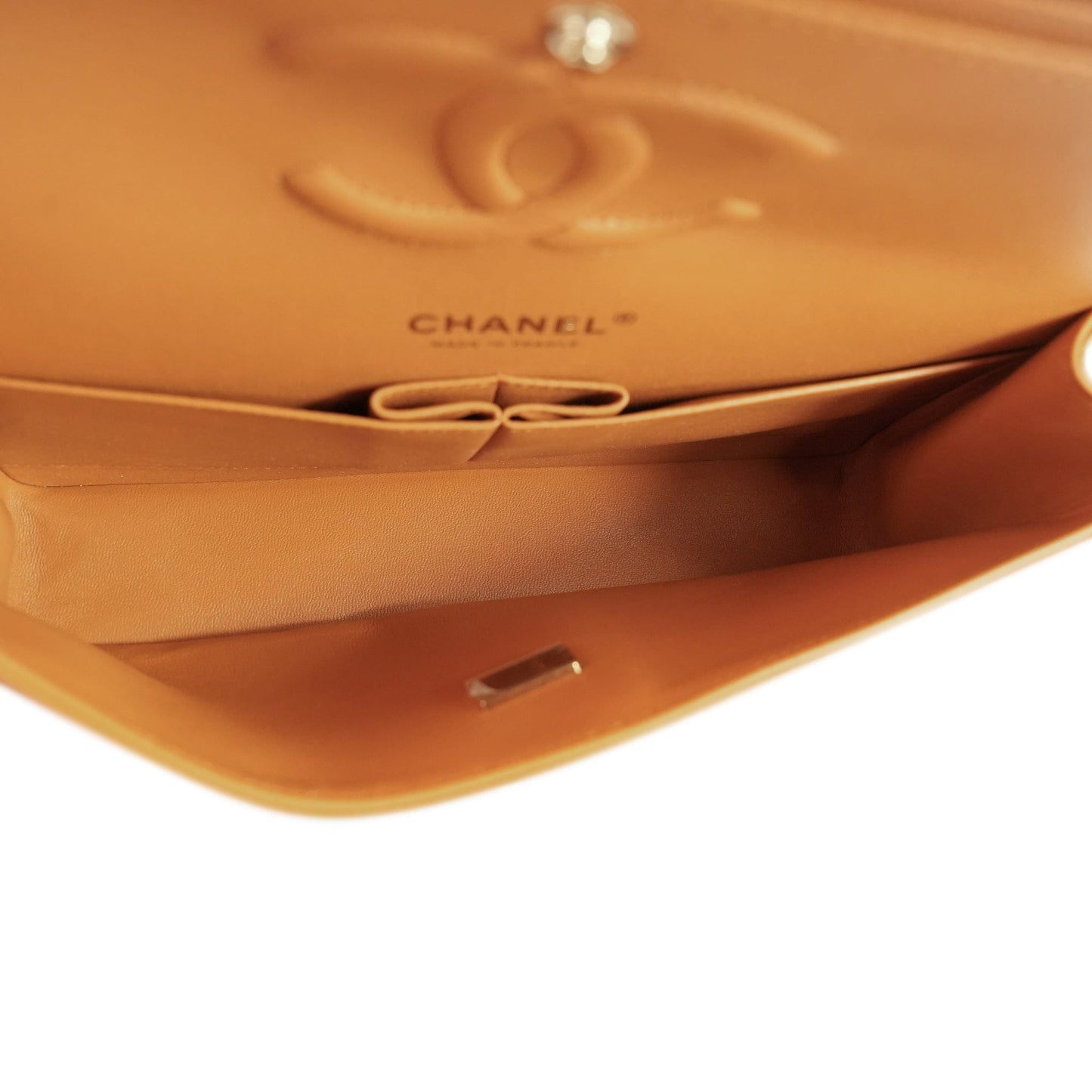 21A Caramel/Orange Caviar Quilted Classic Flap Medium LGHW