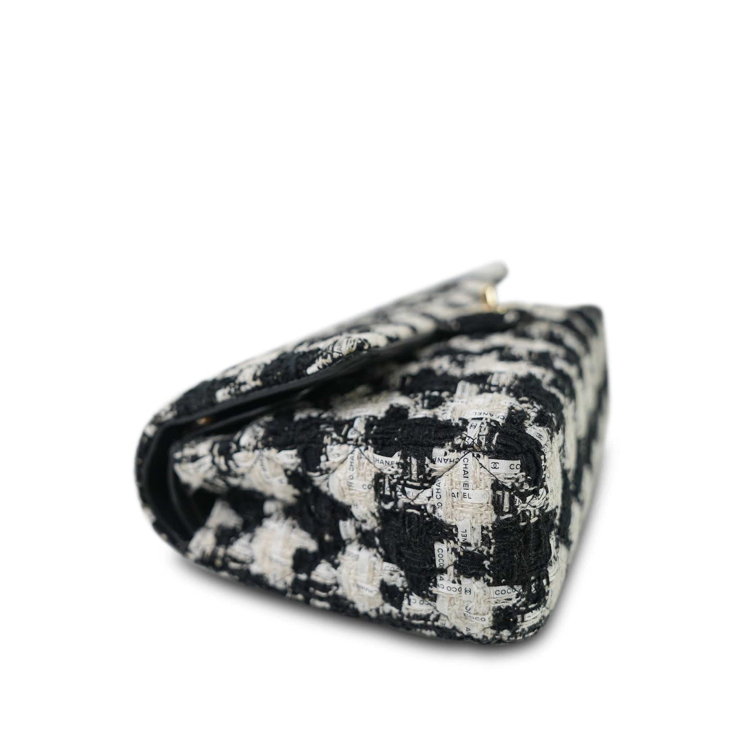 20S Black White Ecru Houndstooth Tweed Quilted Classic Flap Medium LGHW