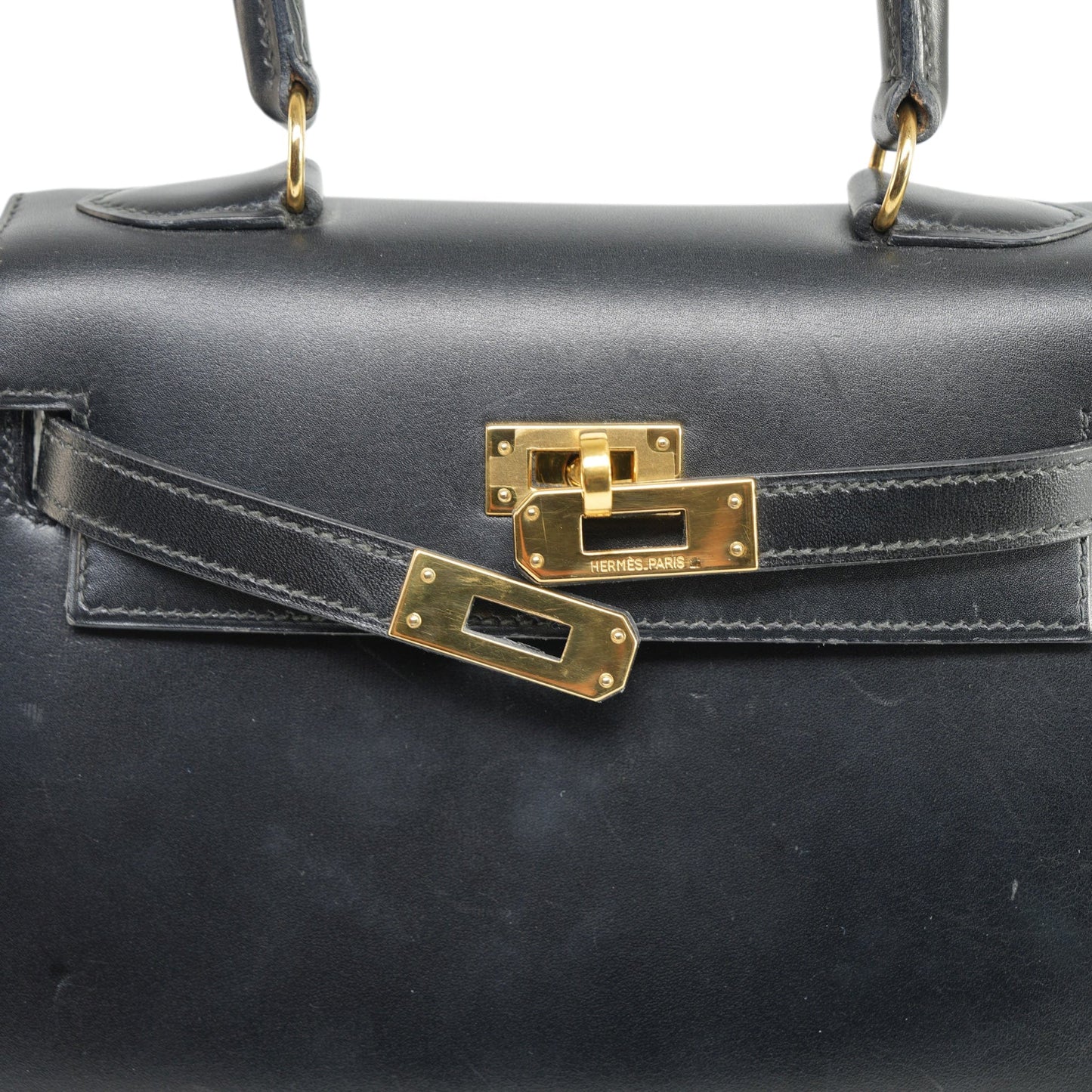 Vintage Mini Kelly Black Box Calfskin Gold Plated (U) Stamp