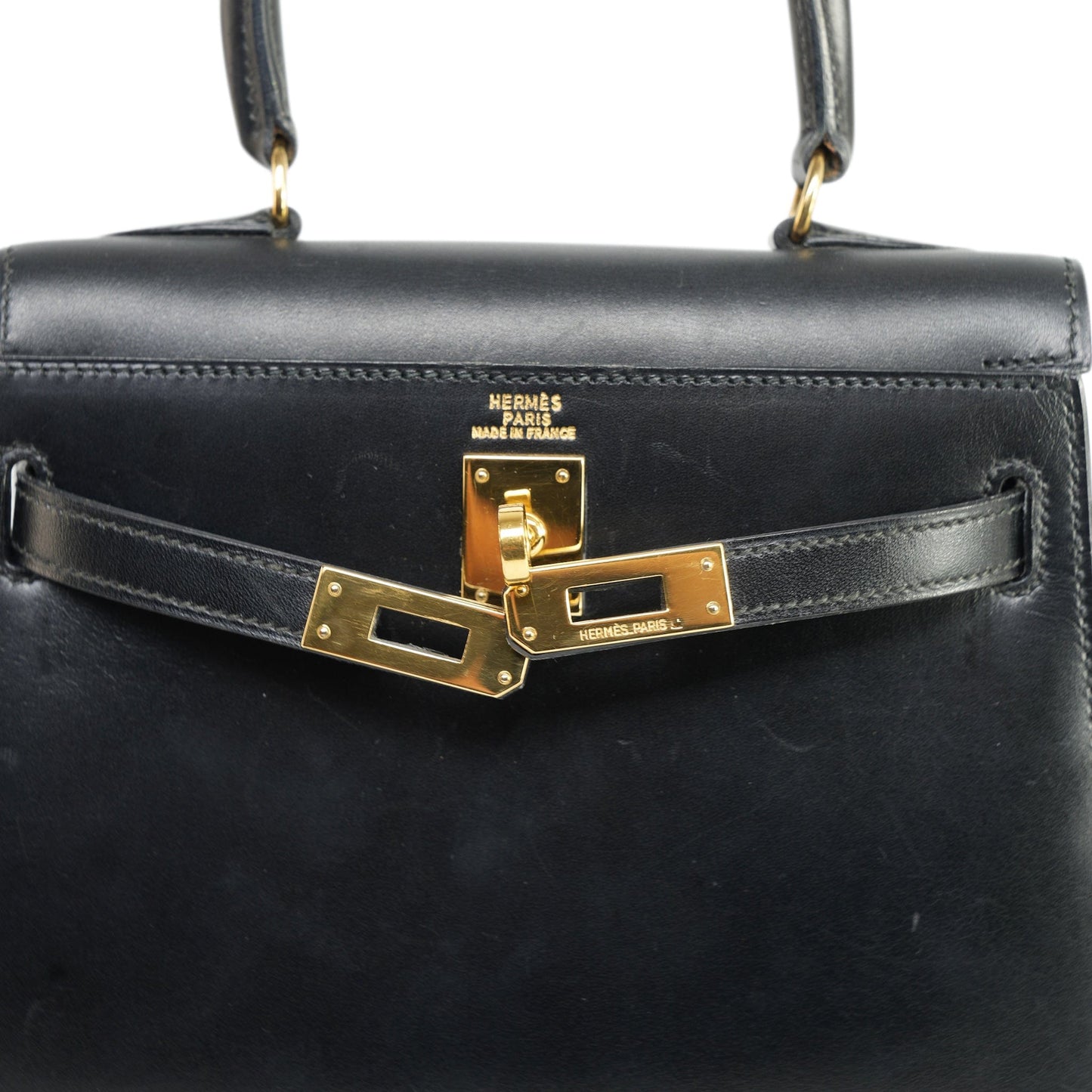 Vintage Mini Kelly Black Box Calfskin Gold Plated (U) Stamp