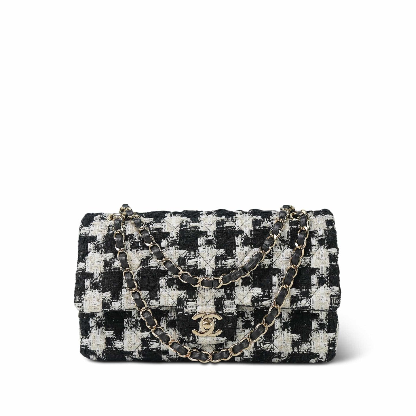 20S Black White Ecru Houndstooth Tweed Quilted Classic Flap Medium LGHW