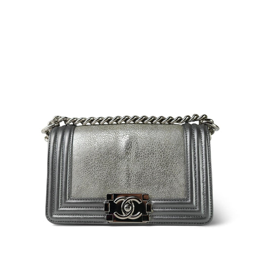 15K Silver Metallic Galuchat Stingray Boy Bag Small Silver Hardware