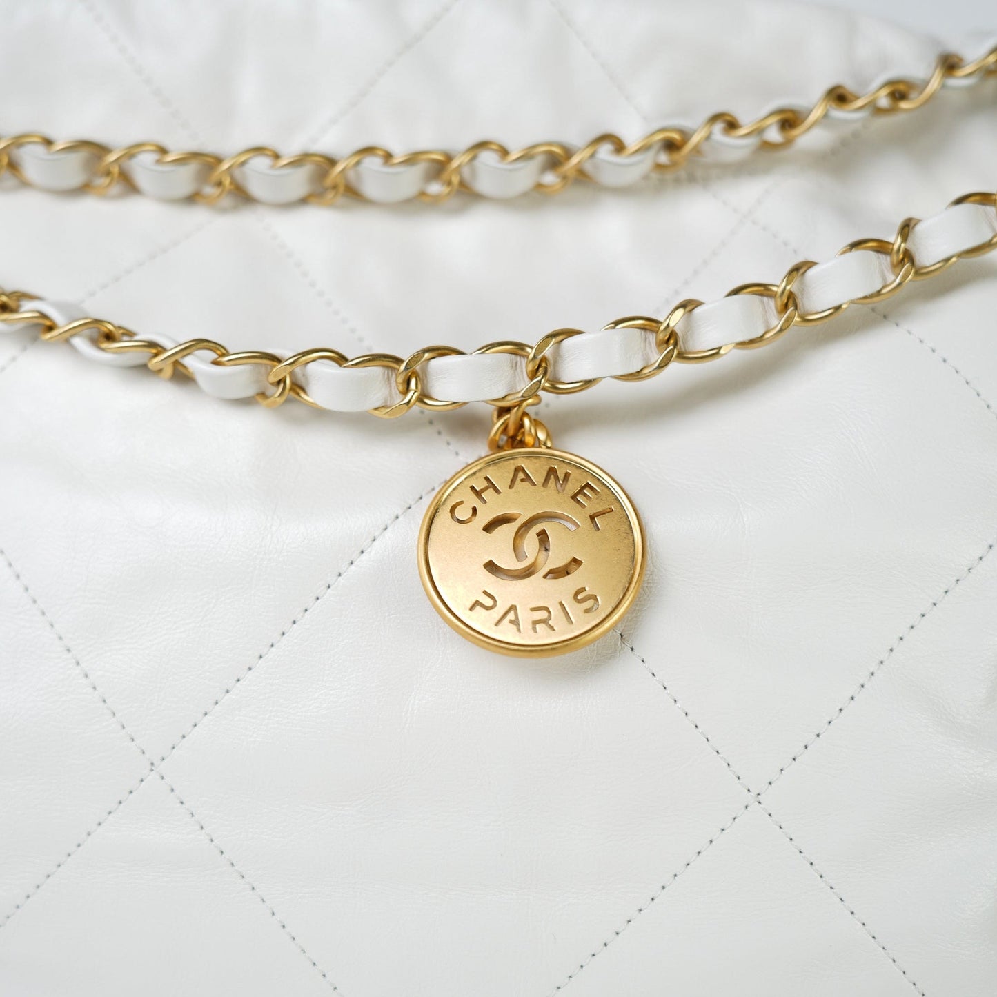 White Calfskin Quilted 22 Hobo Bag Medium Black/Aged Gold Hardware