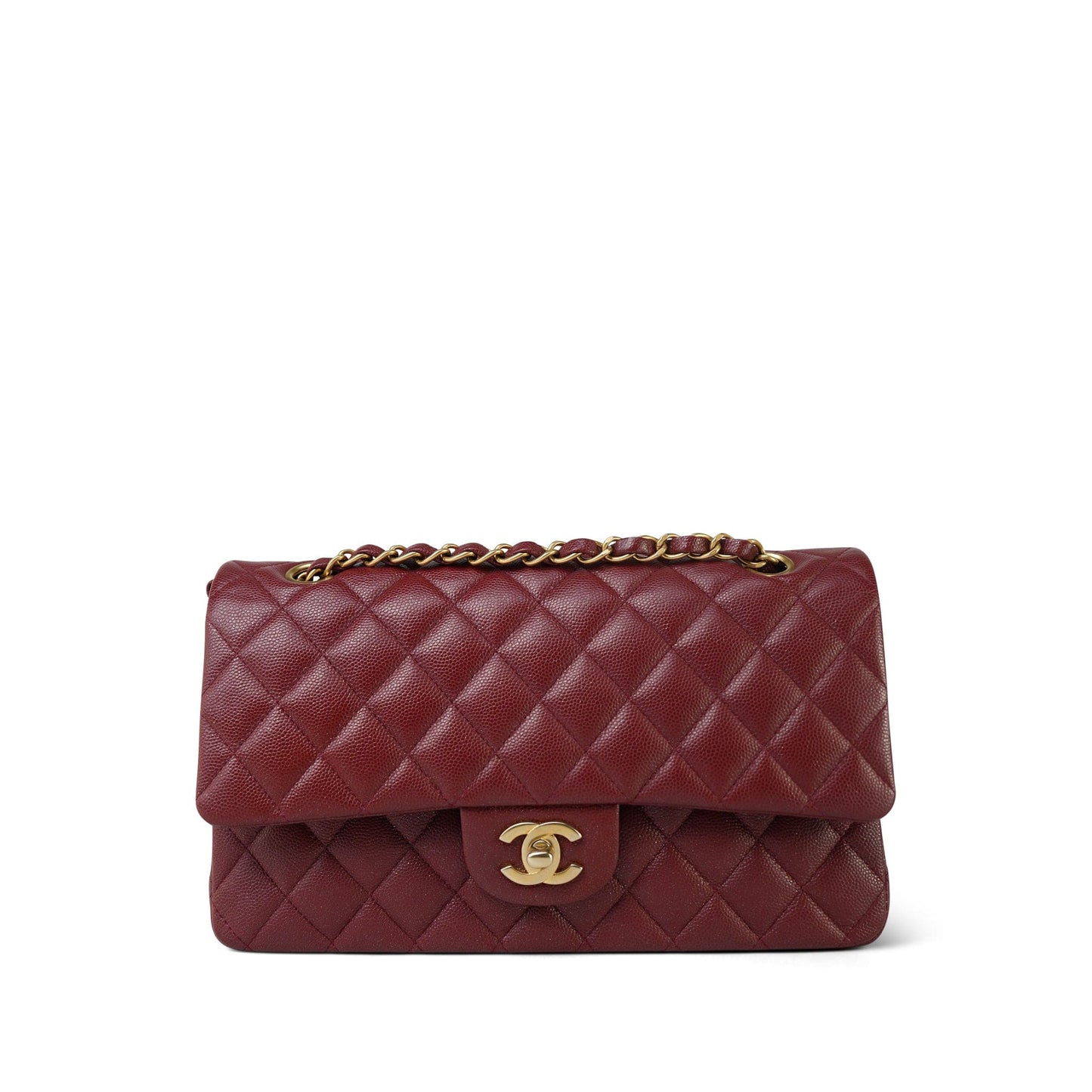 18C Dark Red Glittery Caviar Quilted Medium Classic Flap Aged Gold Hardware