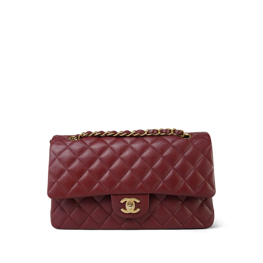 18C Dark Red Glittery Caviar Quilted Medium Classic Flap Aged Gold Hardware