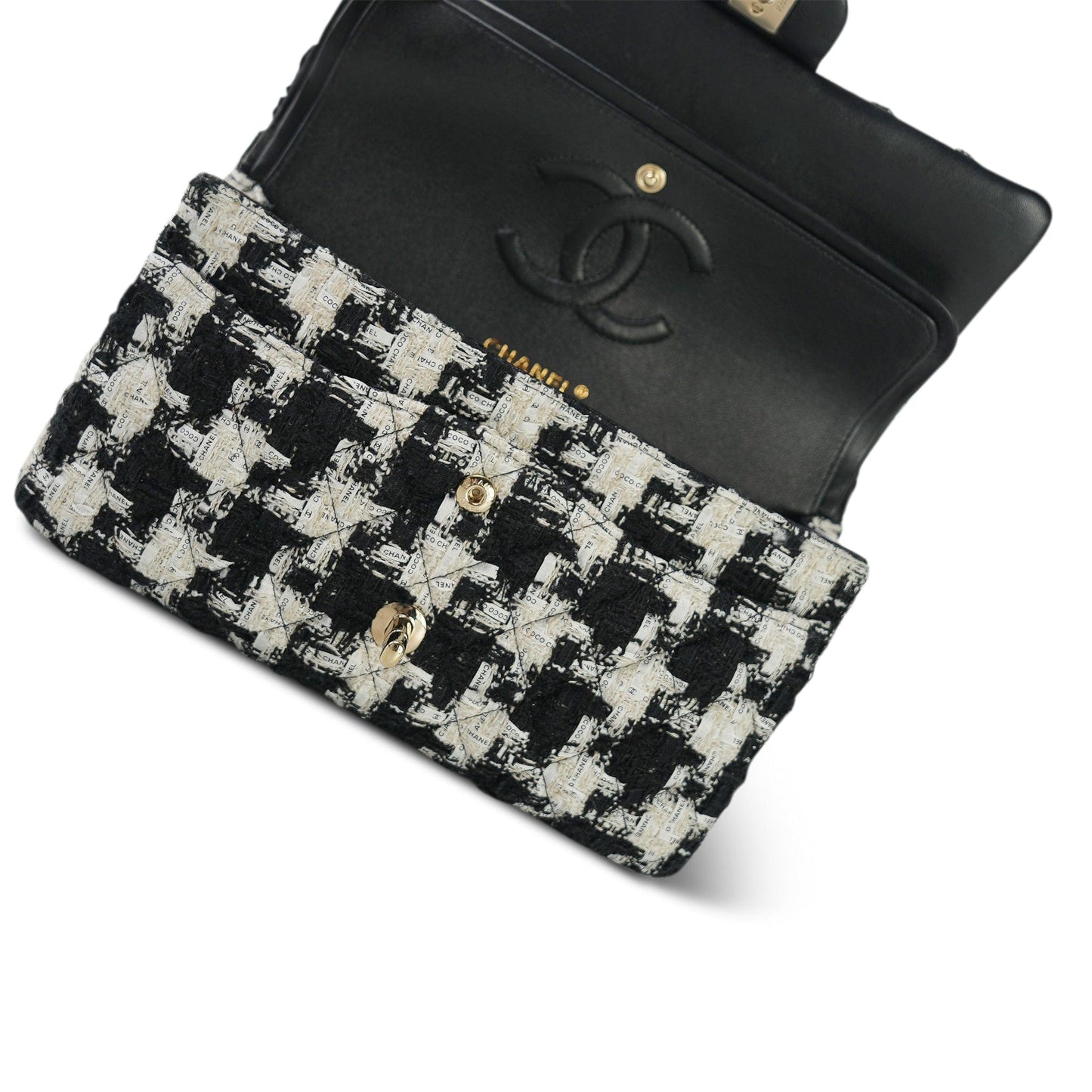 20S Black White Ecru Houndstooth Tweed Quilted Classic Flap Medium LGHW