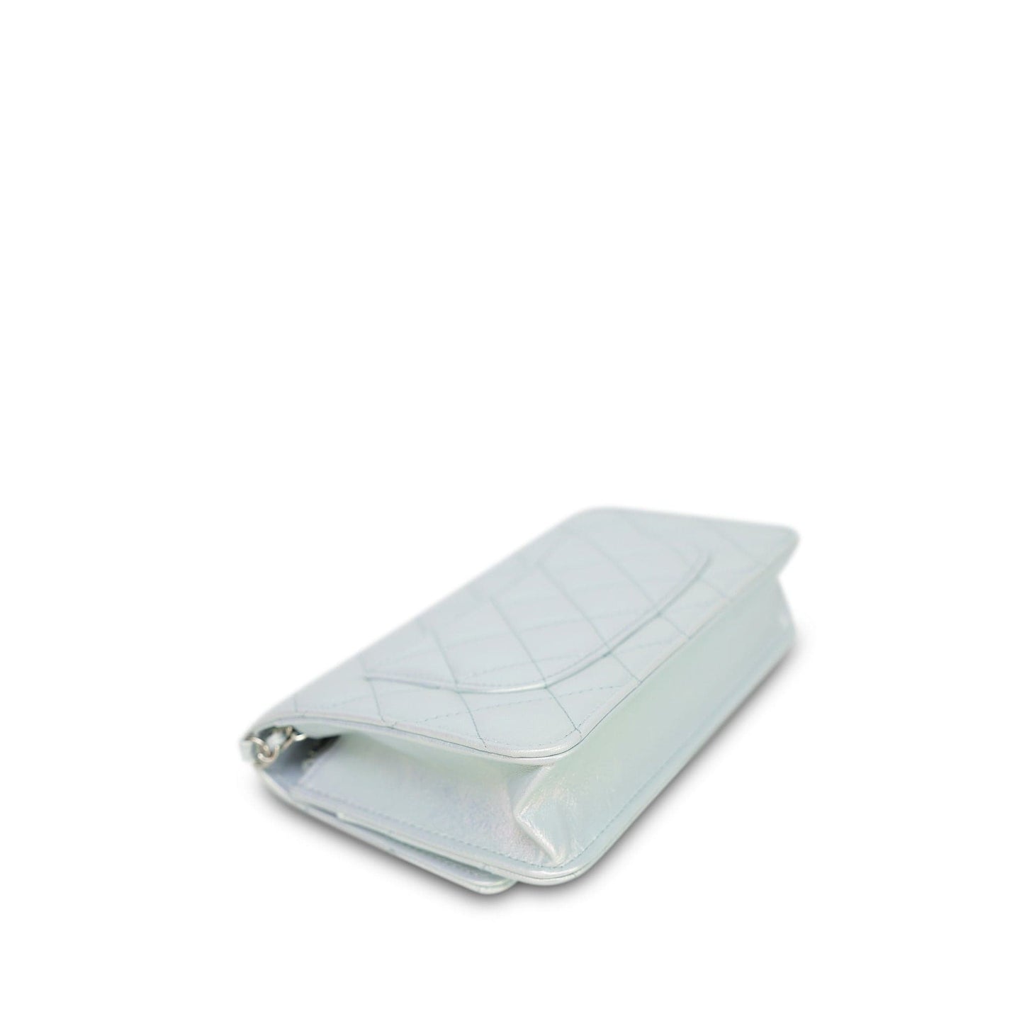21K Light Blue/ White Iridescent Calfskin Quilted Wallet on Chain WOC Silver Hardware