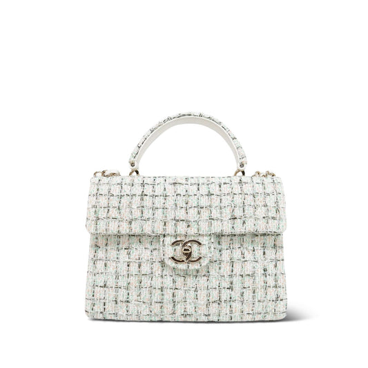 White/Multicolor Sequin Tweed Quilted Top Handle Flap Bag On Chain