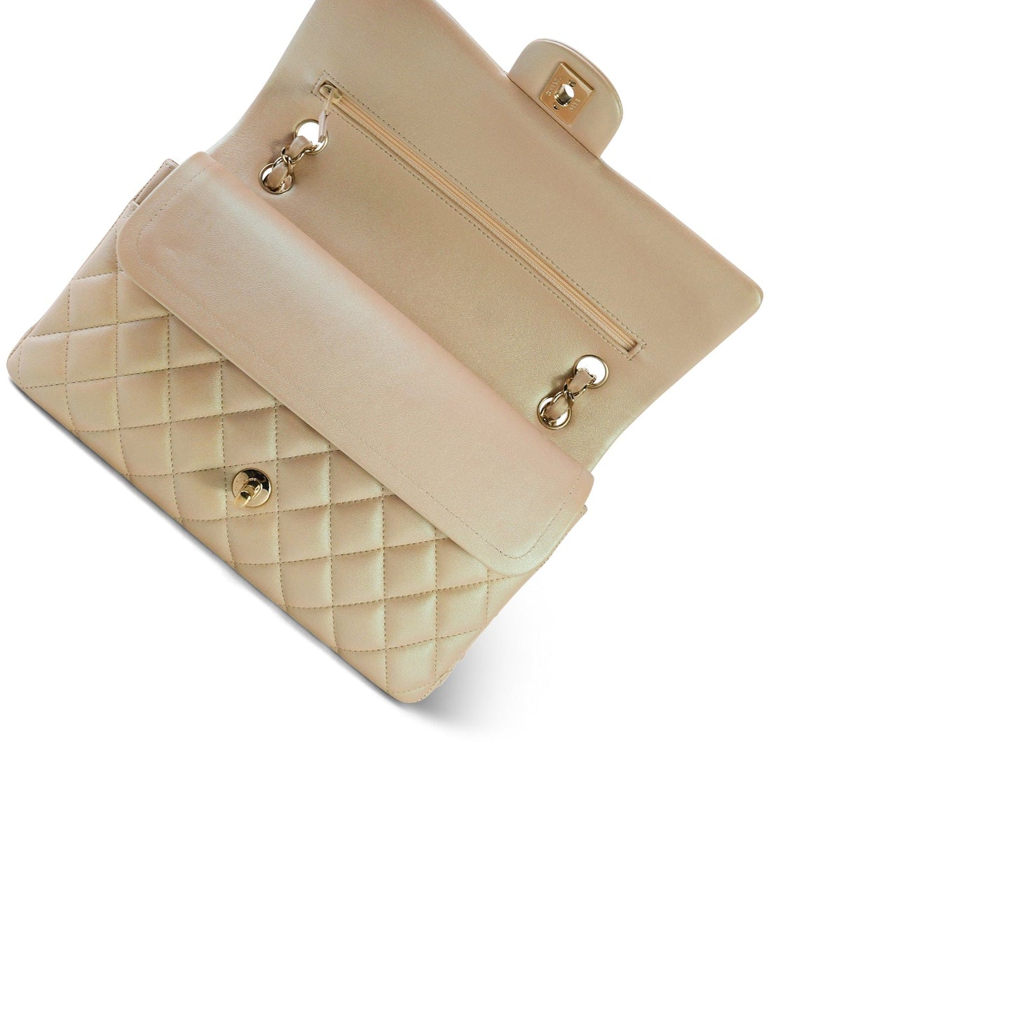 21S Pearly Beige Lambskin Quilted Classic Flap Medium Light Gold Hardware