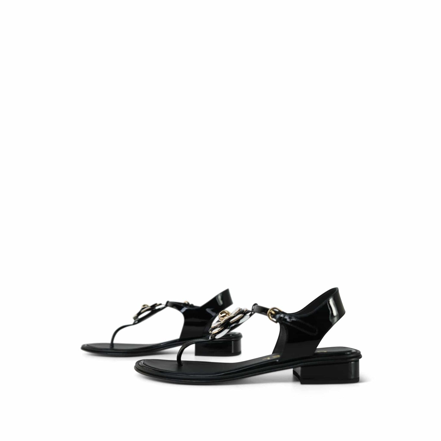 22A Black/White Patent Calfskin Camellia Thong Sandals Size 38