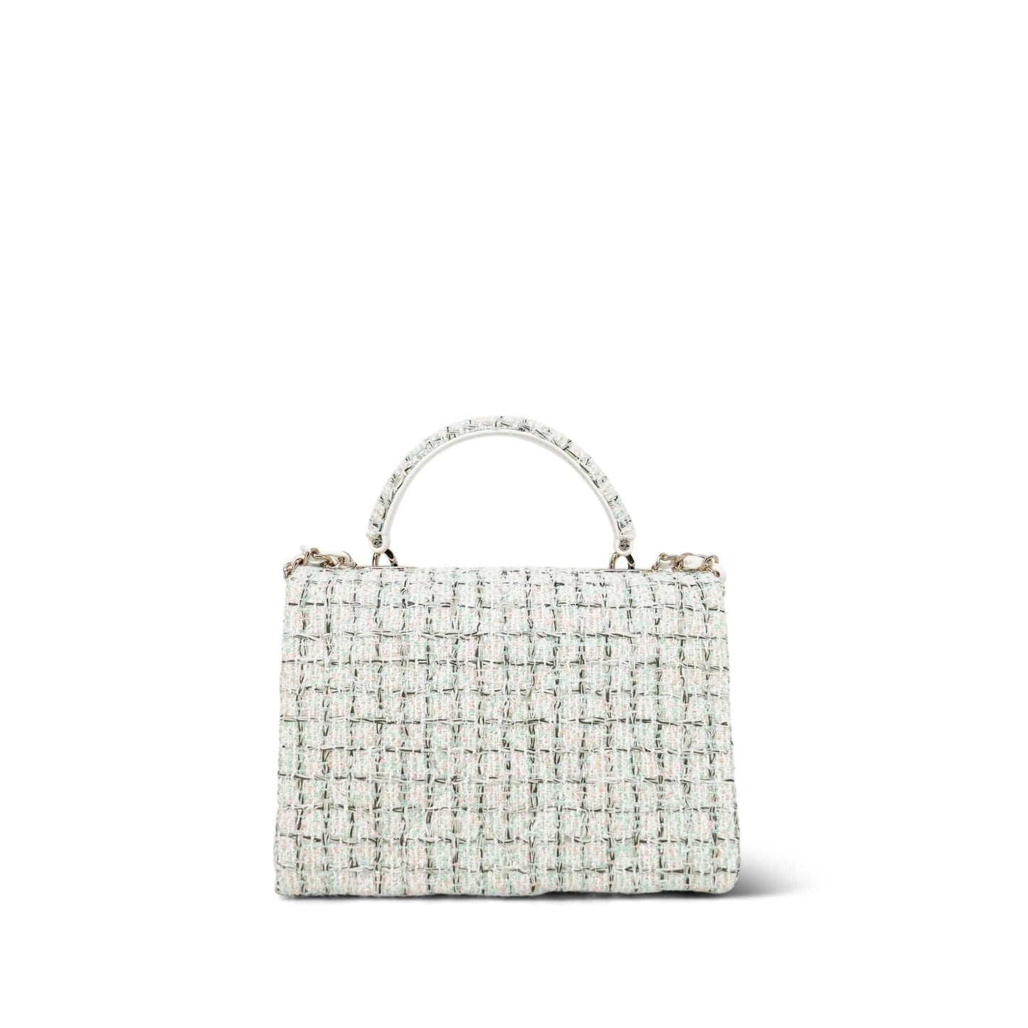White/Multicolor Sequin Tweed Quilted Top Handle Flap Bag On Chain