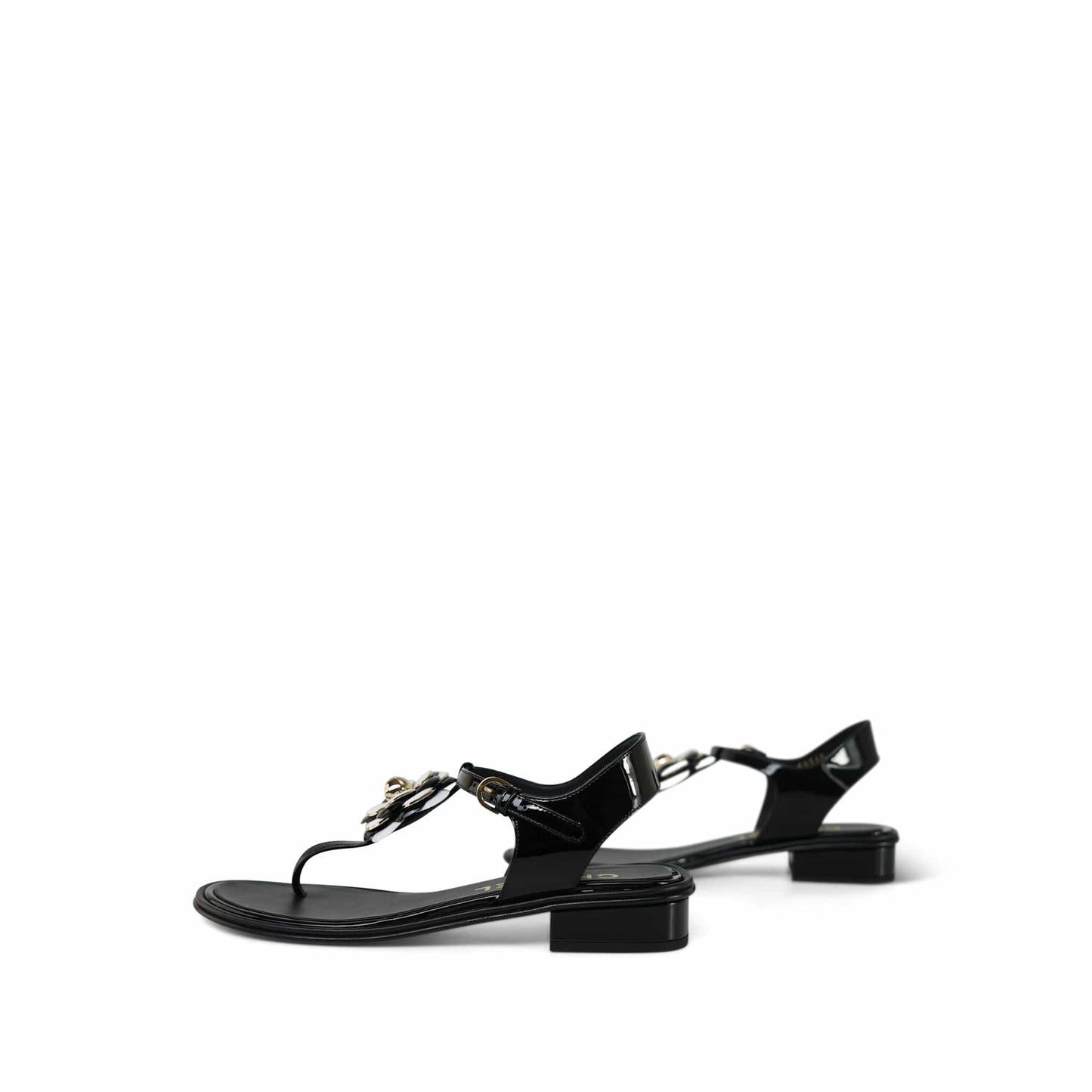 22A Black/White Patent Calfskin Camellia Thong Sandals Size 38
