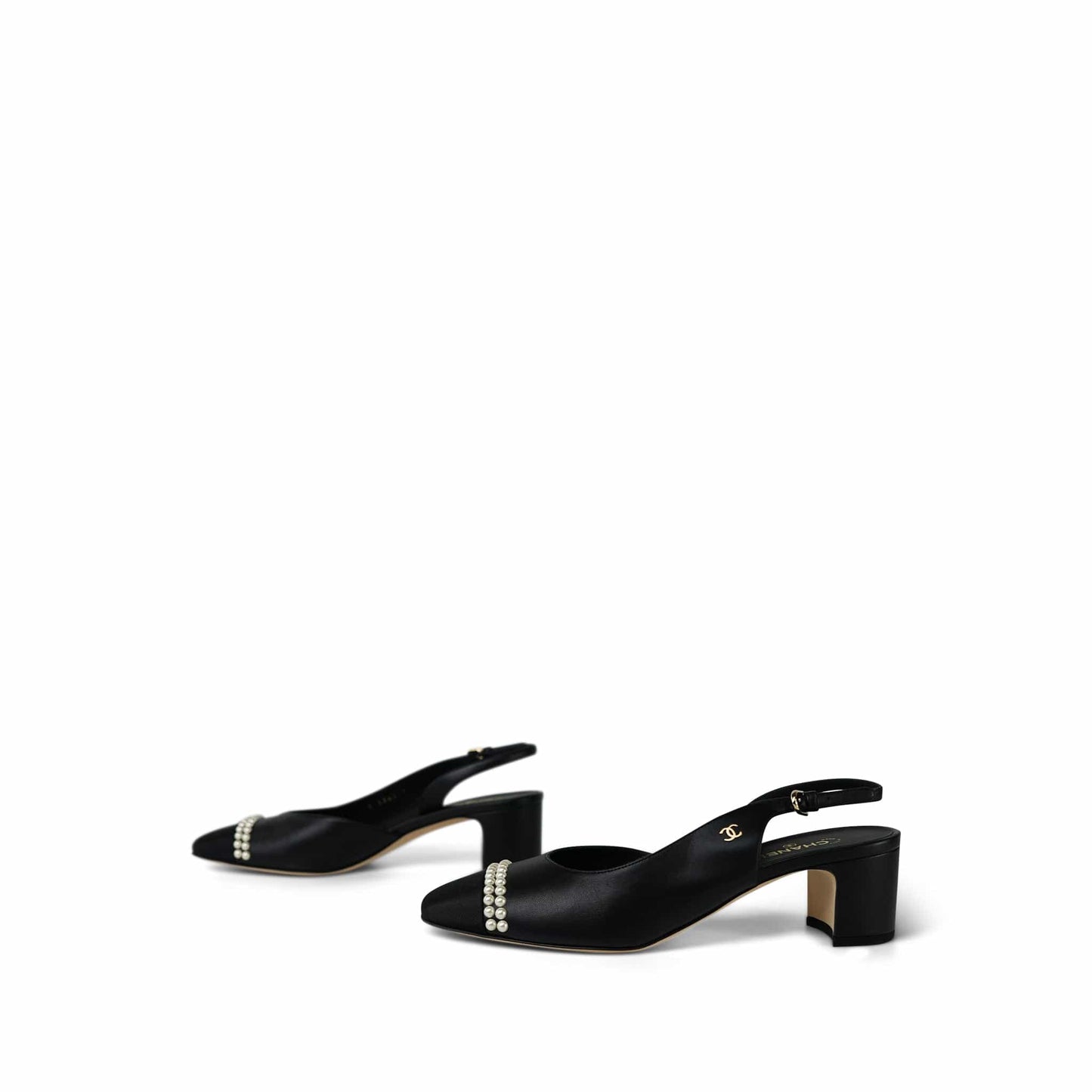 20P Black Lambskin Grosgrain Pearl Cap Toe CC Slingback Pumps Size 39.5