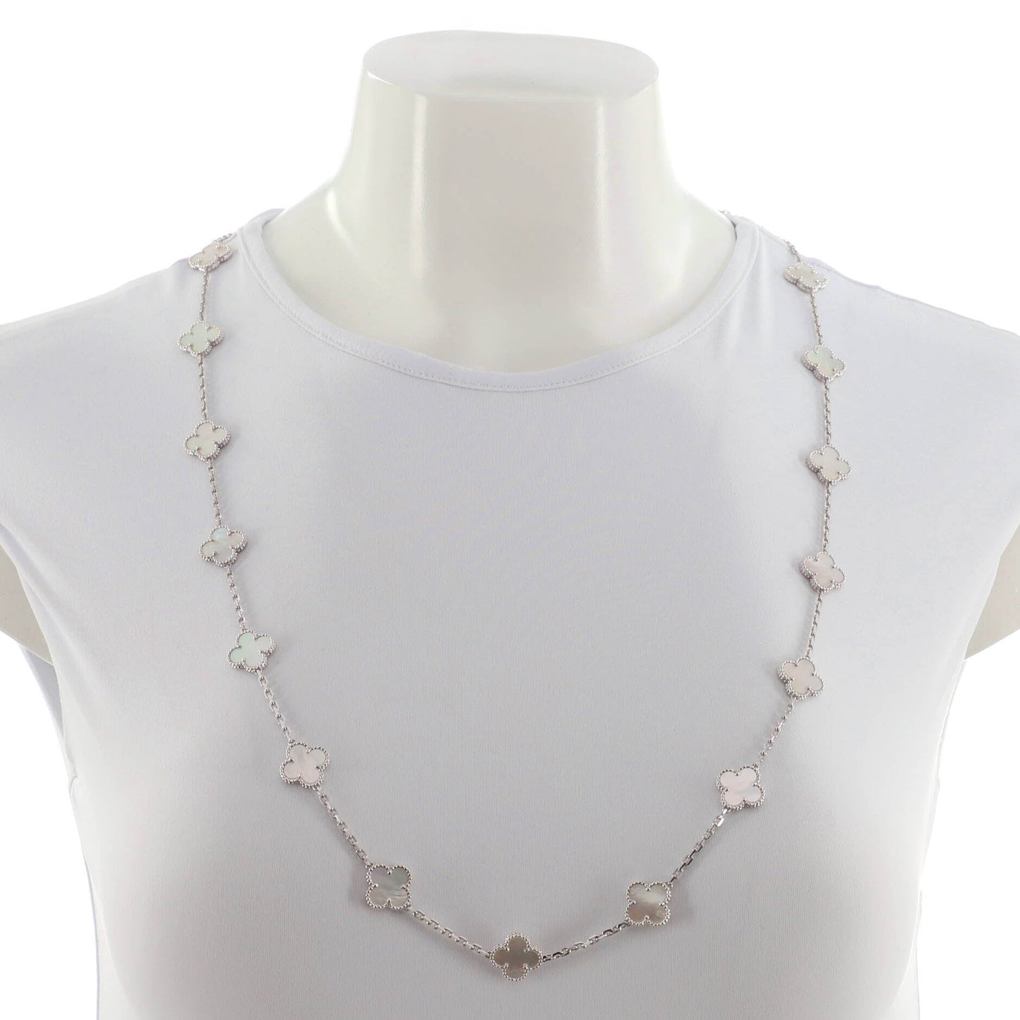 Vintage Alhambra 20 Motifs Necklace 18K White Gold and Mother of Pearl