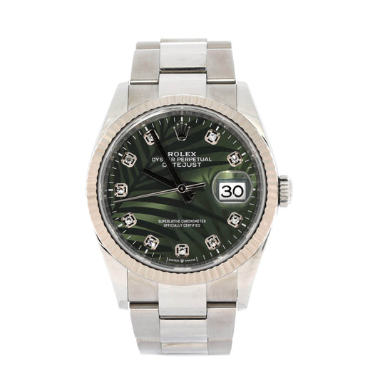 Oyster Perpetual Datejust Palm Motif Automatic Watch Stainless Steel and White Gold with Diamond Markers 36