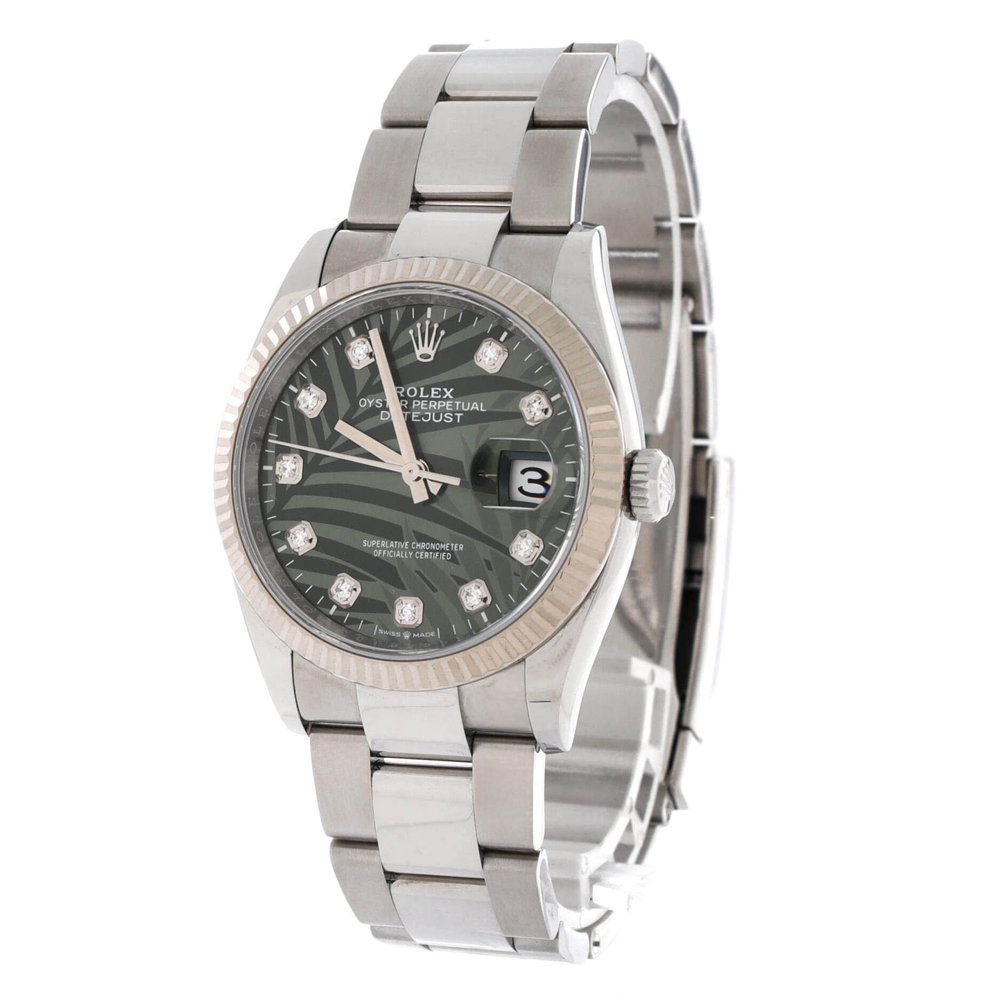 Oyster Perpetual Datejust Palm Motif Automatic Watch Stainless Steel and White Gold with Diamond Markers 36