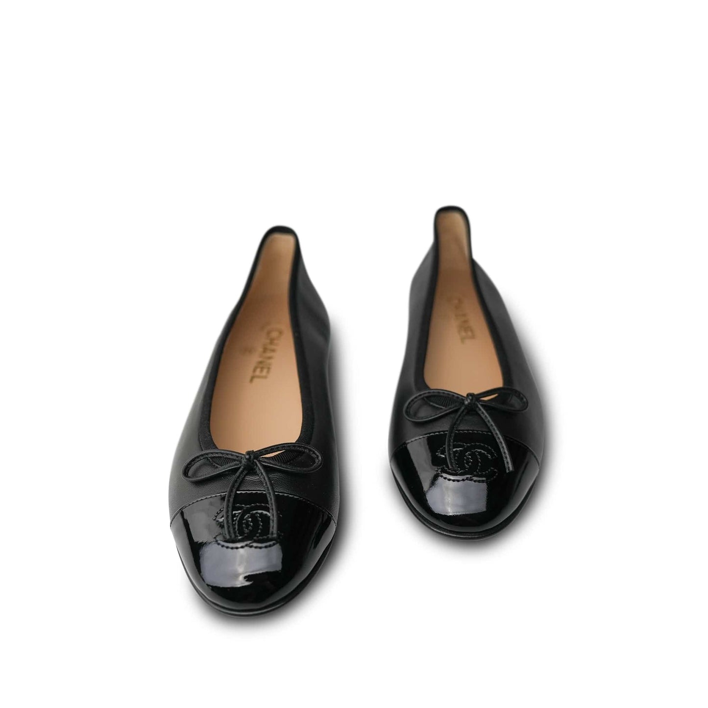 10C Black Lambskin Patent Cap Toe CC Ballerina Flats Size 38