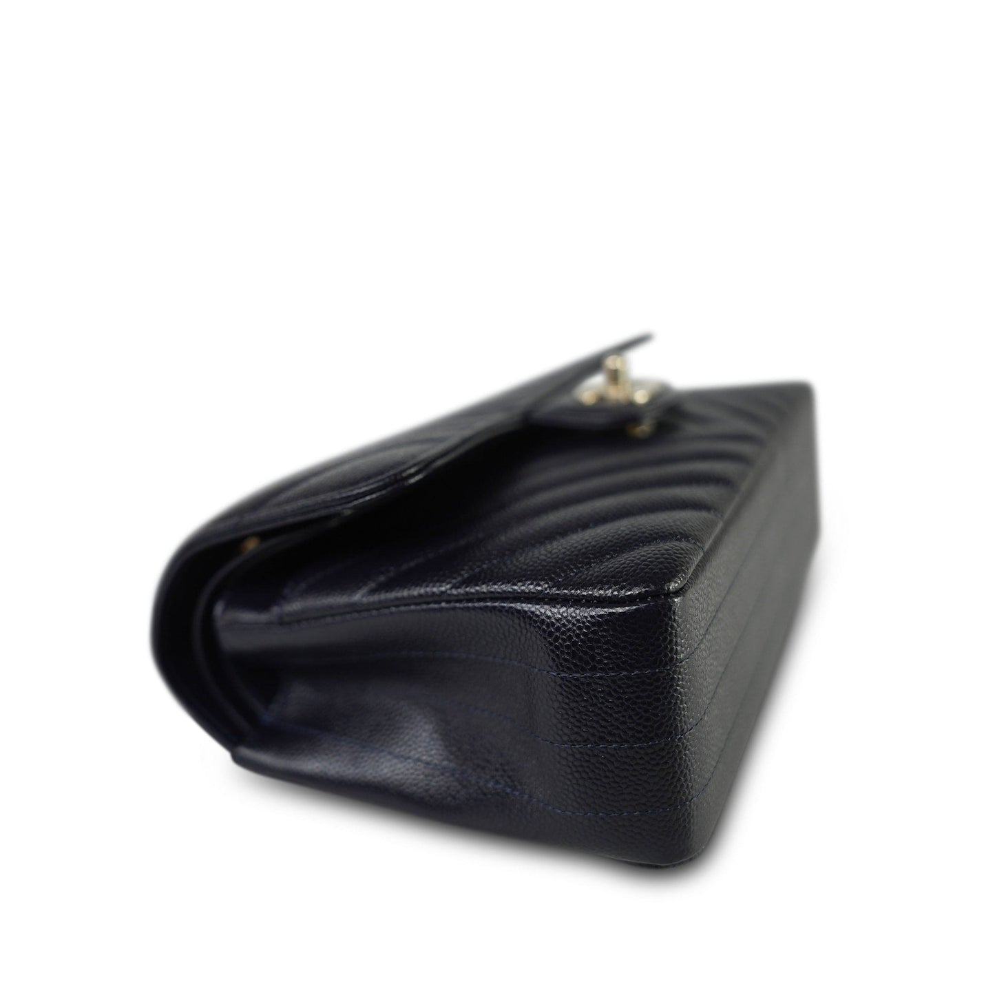 20B Navy Caviar Chevron Quilted Classic Flap Small Light Gold Hardware