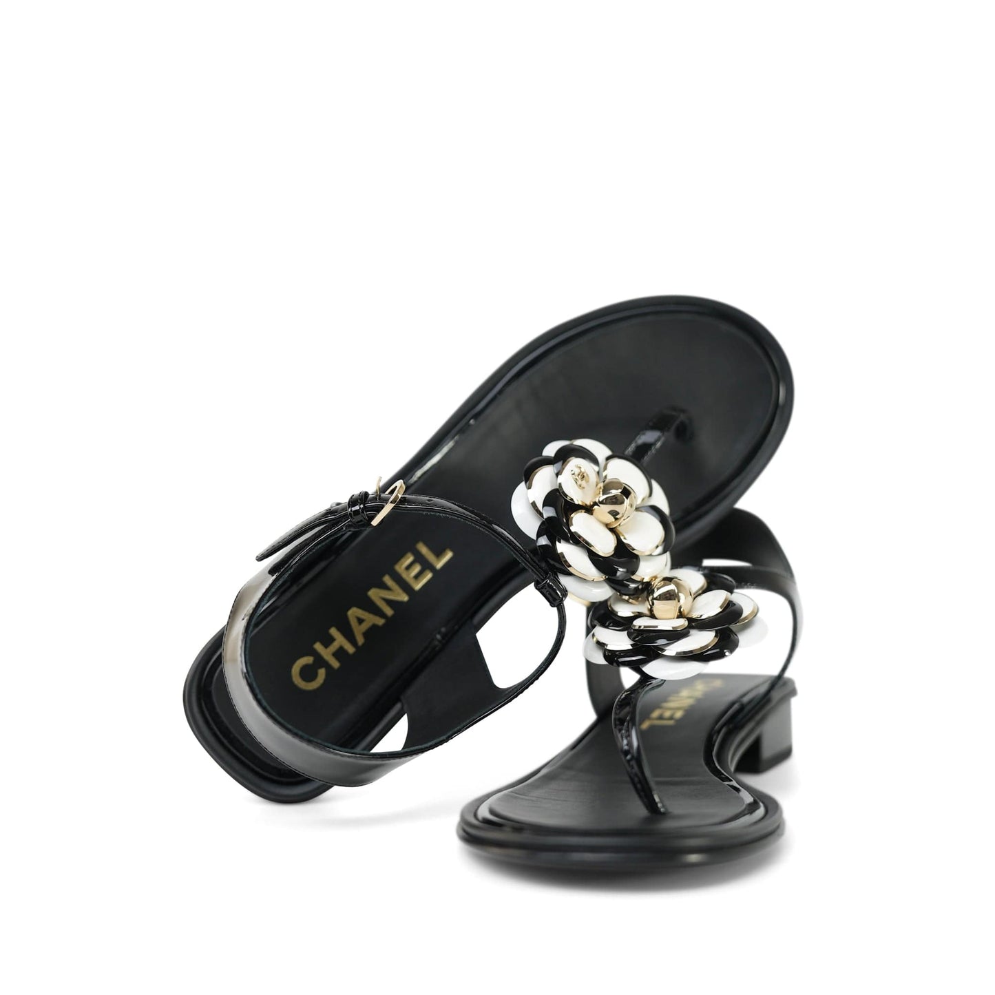 22A Black/White Patent Calfskin Camellia Thong Sandals Size 38