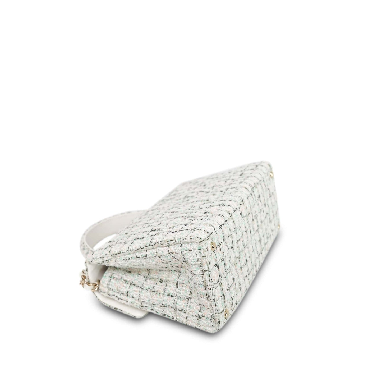 White/Multicolor Sequin Tweed Quilted Top Handle Flap Bag On Chain