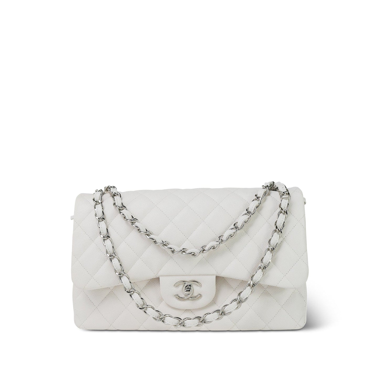 21S White Caviar Quilted Jumbo Classic Flap Silver Hardware