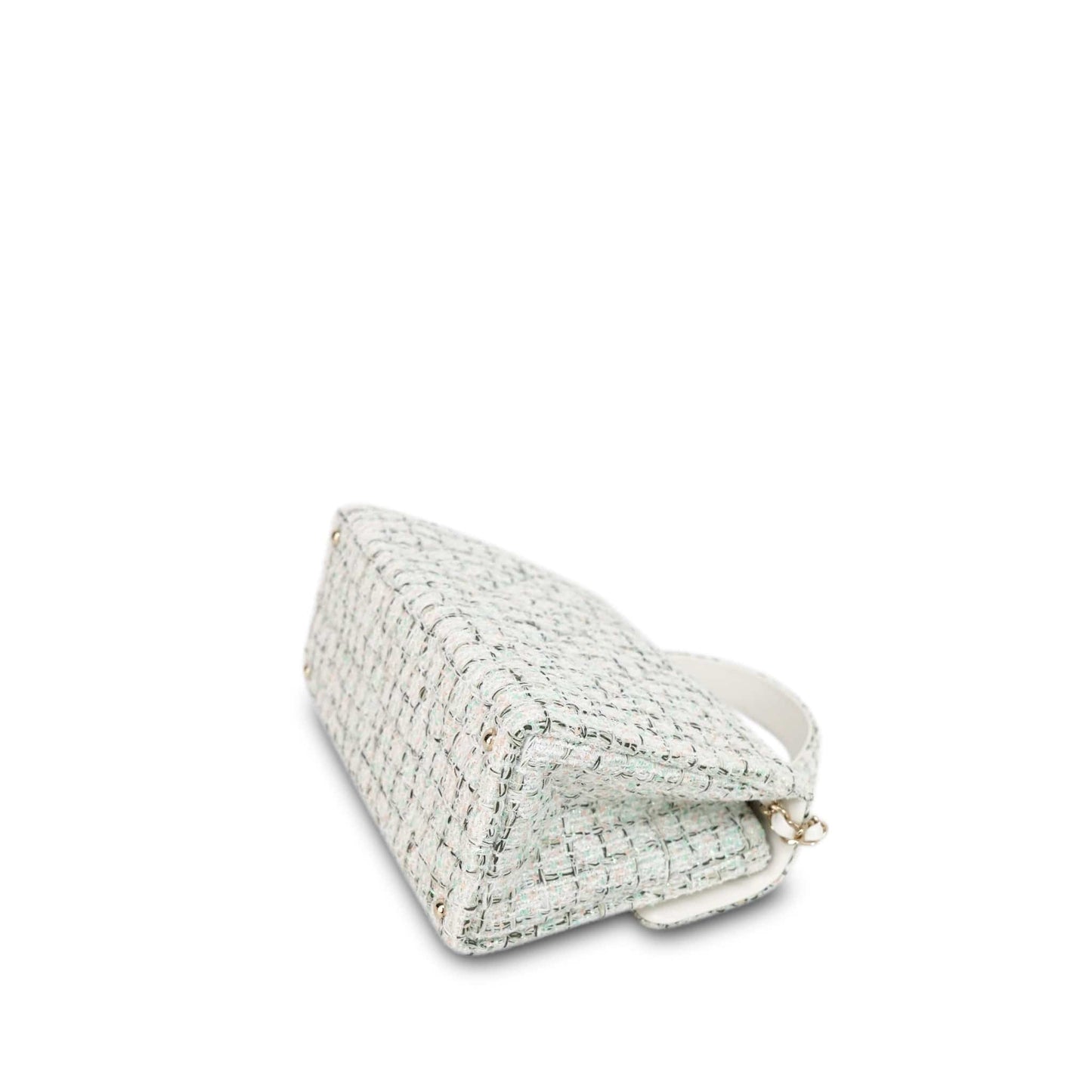 White/Multicolor Sequin Tweed Quilted Top Handle Flap Bag On Chain