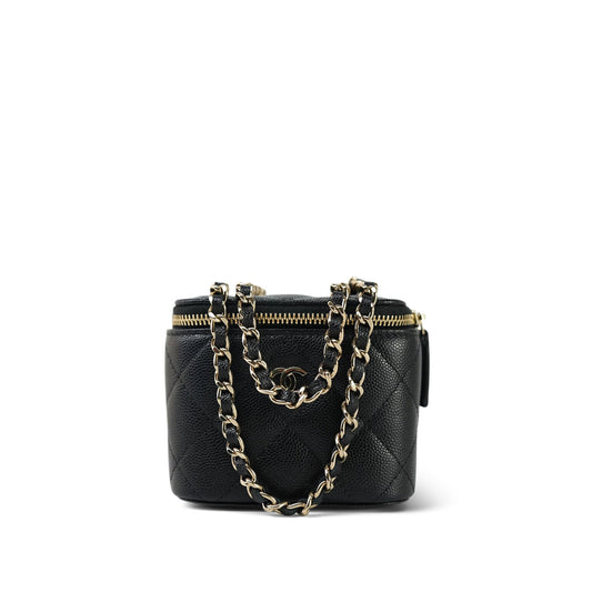 21S Black Caviar Quilted Mini Clutch With Chain Light Gold Hardware