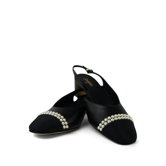 20P Black Lambskin Grosgrain Pearl Cap Toe CC Slingback Pumps Size 39.5