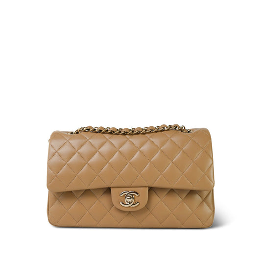 22B Dark Beige Lambskin Quilted Classic Flap Medium Light Gold Hardware