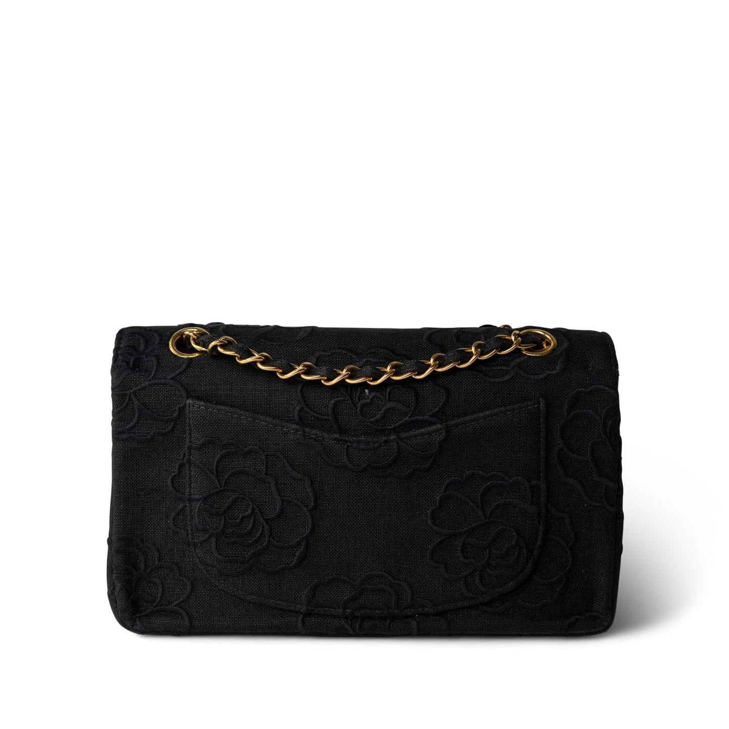 Vintage Black Canvas Camellia Classic Small Double Flap Gold Hardware