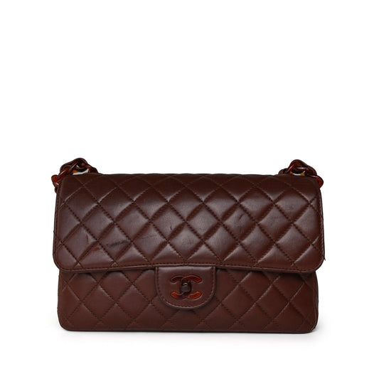 Vintage Brown Lambskin Quilted Single Flap Medium Tortoiseshell Hardware