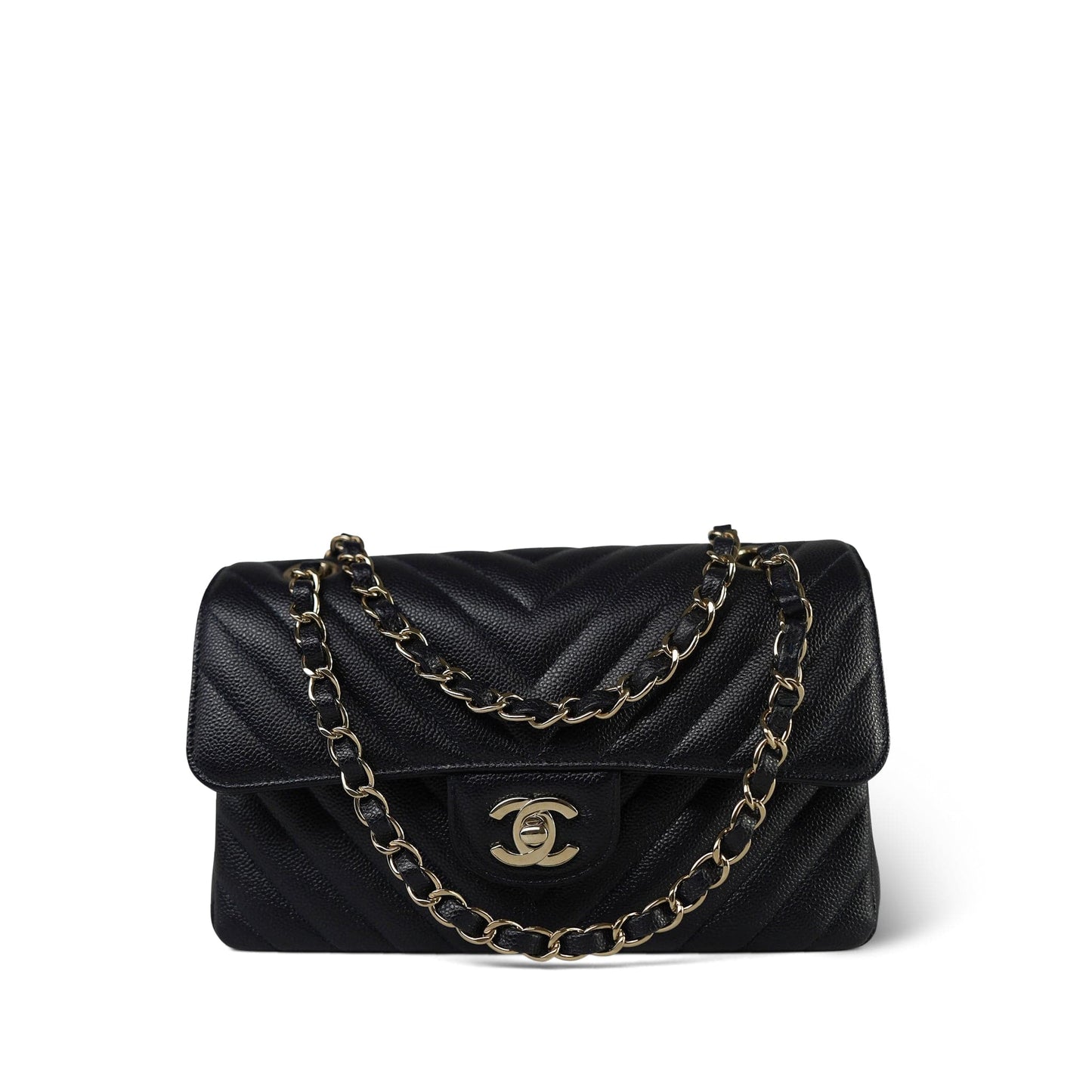 20B Navy Caviar Chevron Quilted Classic Flap Small Light Gold Hardware