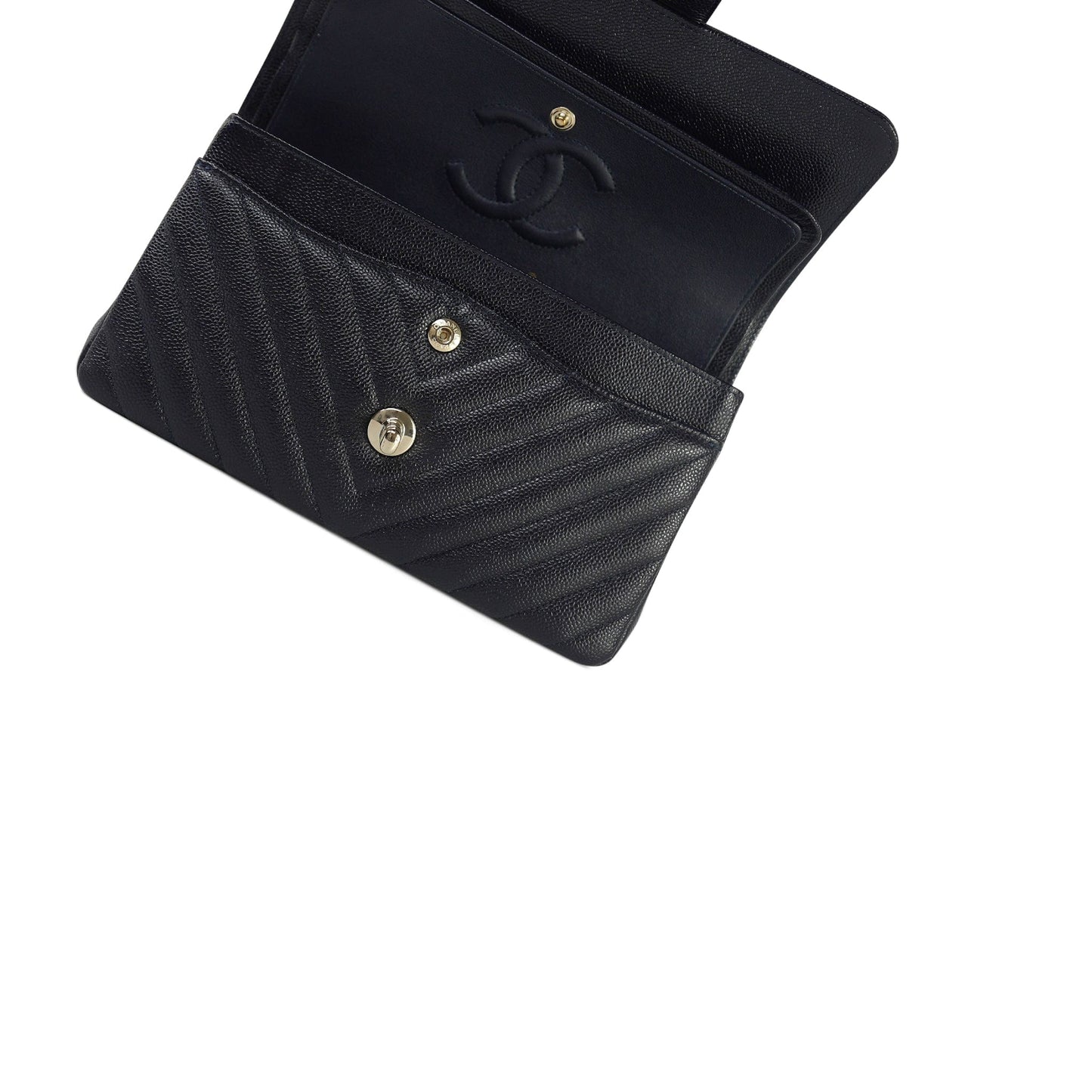 20B Navy Caviar Chevron Quilted Classic Flap Small Light Gold Hardware