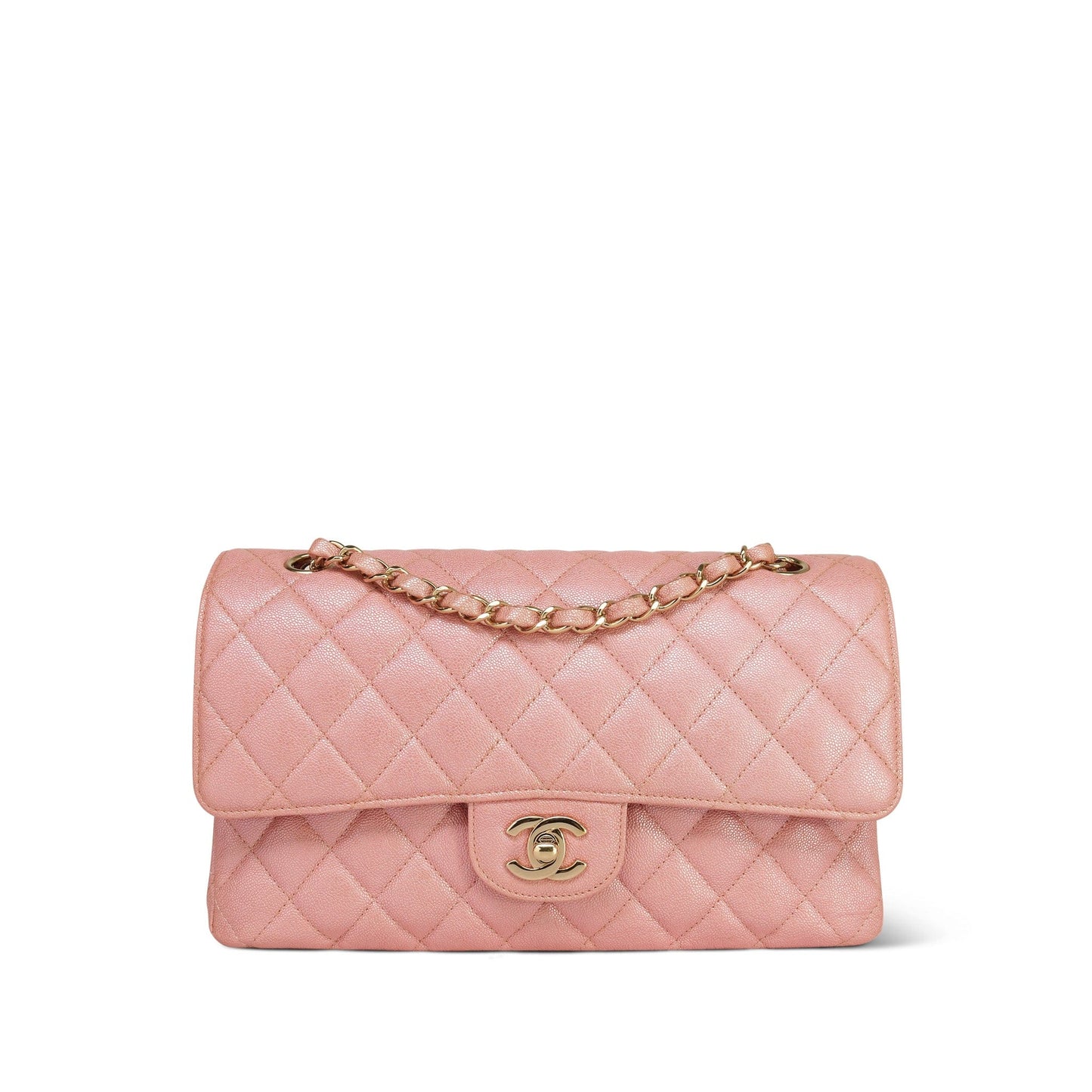 19S Iridescent Pink Caviar Quilted Classic Flap Medium LGHW