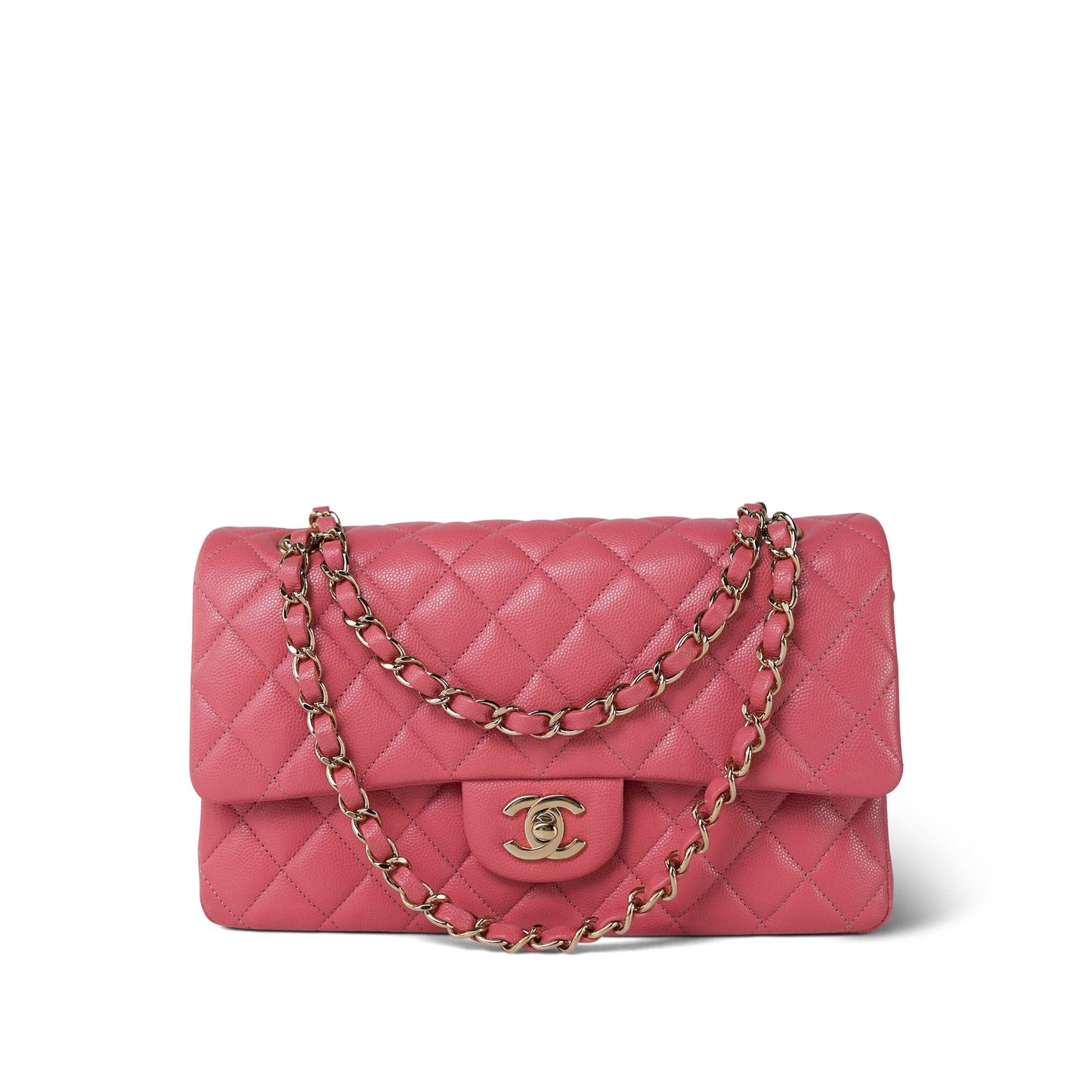 18S Pink Caviar Medium Quilted Classic Double Flap Light Gold Hardware