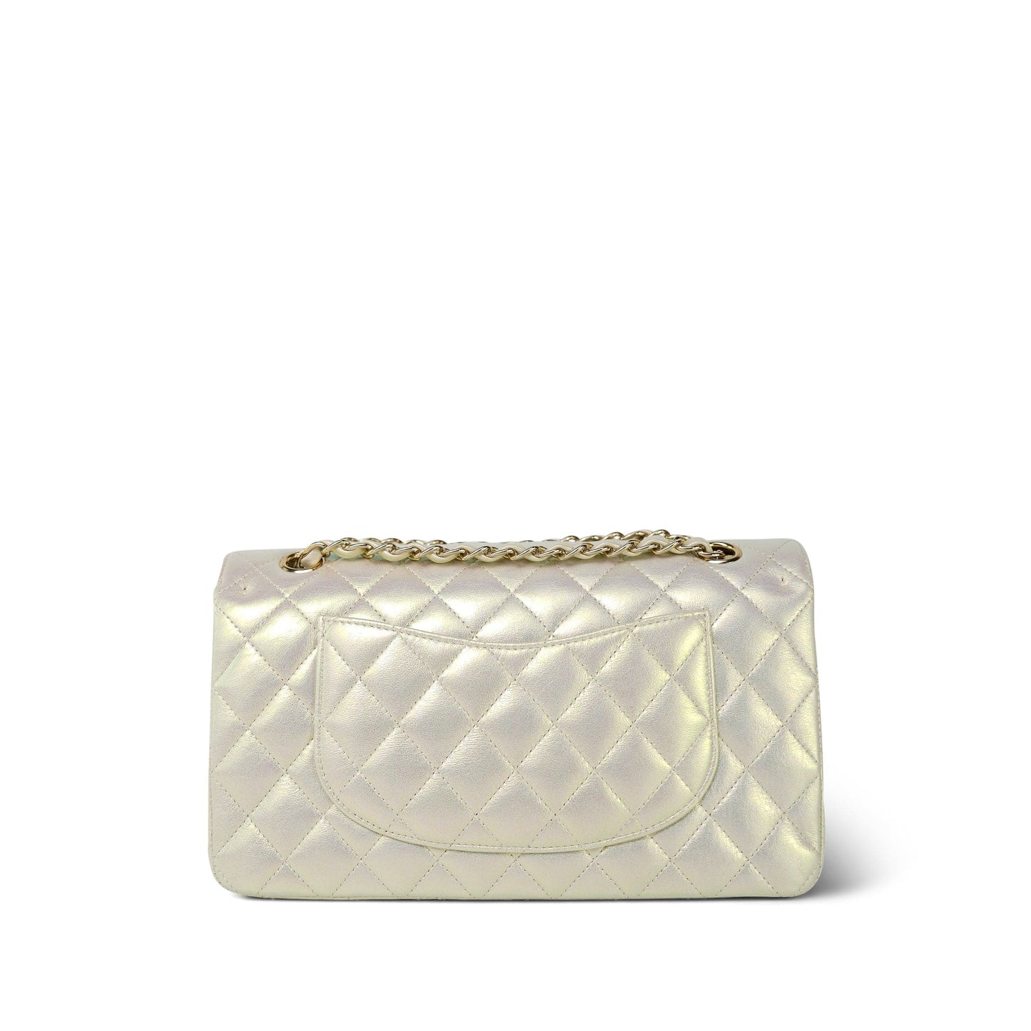 20B Iridescent White Calfskin Quilted Classic Flap Medium Light Gold Hardware