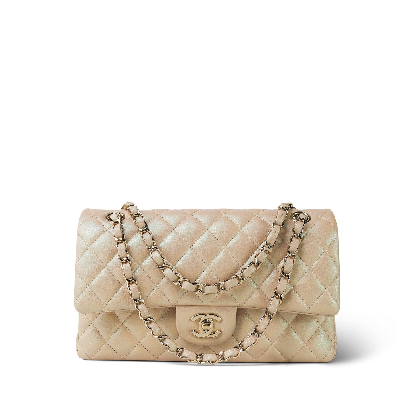 21S Pearly Beige Lambskin Quilted Classic Flap Medium Light Gold Hardware