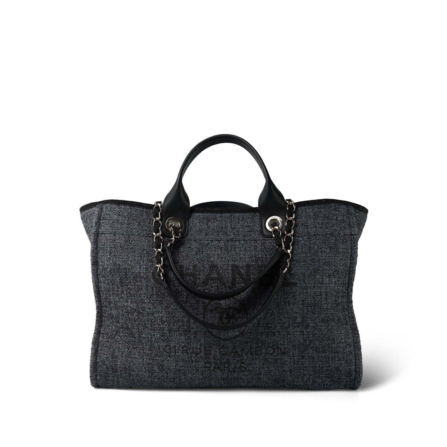 21S Navy/Black Raffia/Tweed Quilted Deauville Tote Large Light Gold Hardware