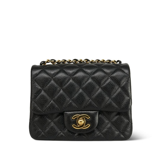 12A Black Caviar Quilted Mini Square Flap Gold Hardware