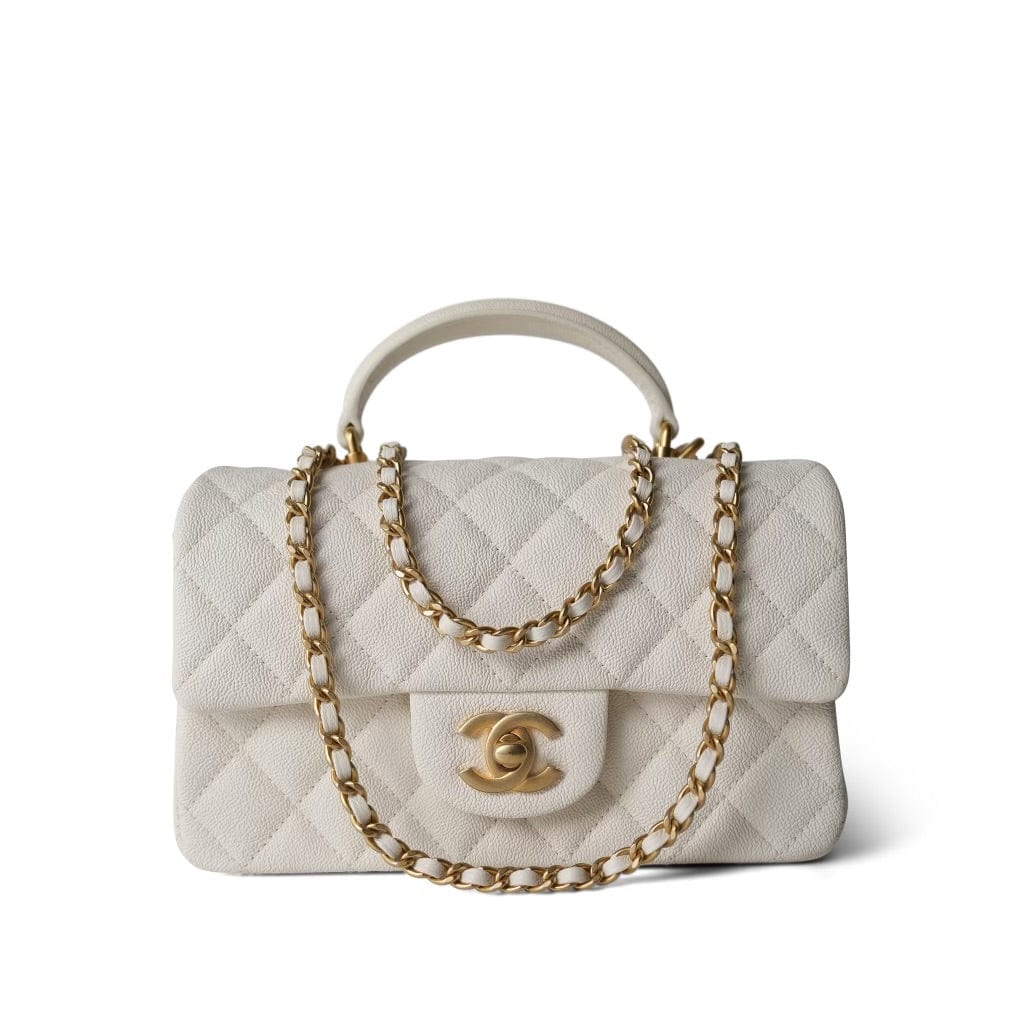 21S White / Ivory Caviar Quilted Mini Top Handle Aged Gold Hardware