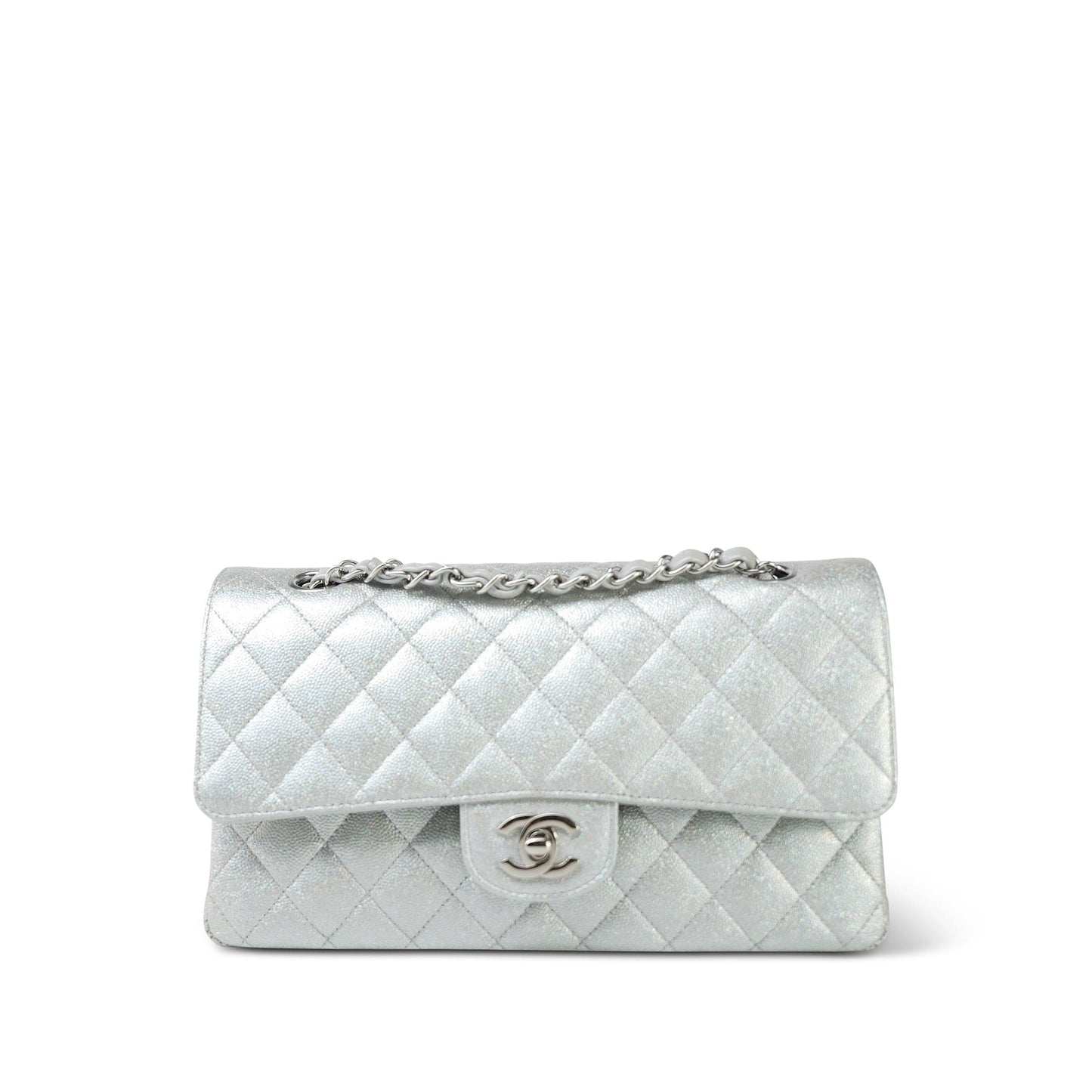 21K Silver Metallic Caviar Quilted Classic Flap Medium Silver Hardware