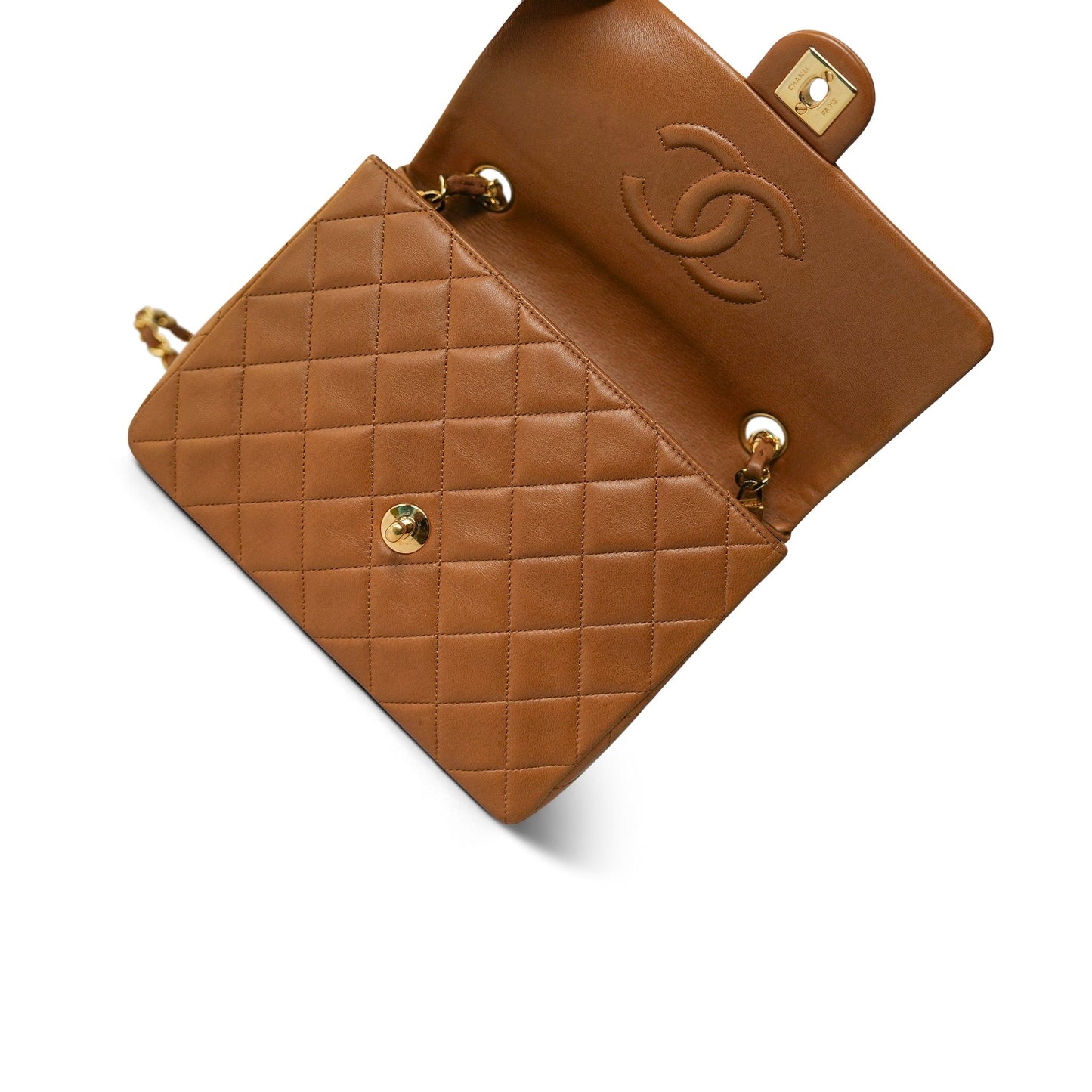 Vintage Caramel/Dark Brown Lambskin Quilted Square Flap Gold Hardware Mini