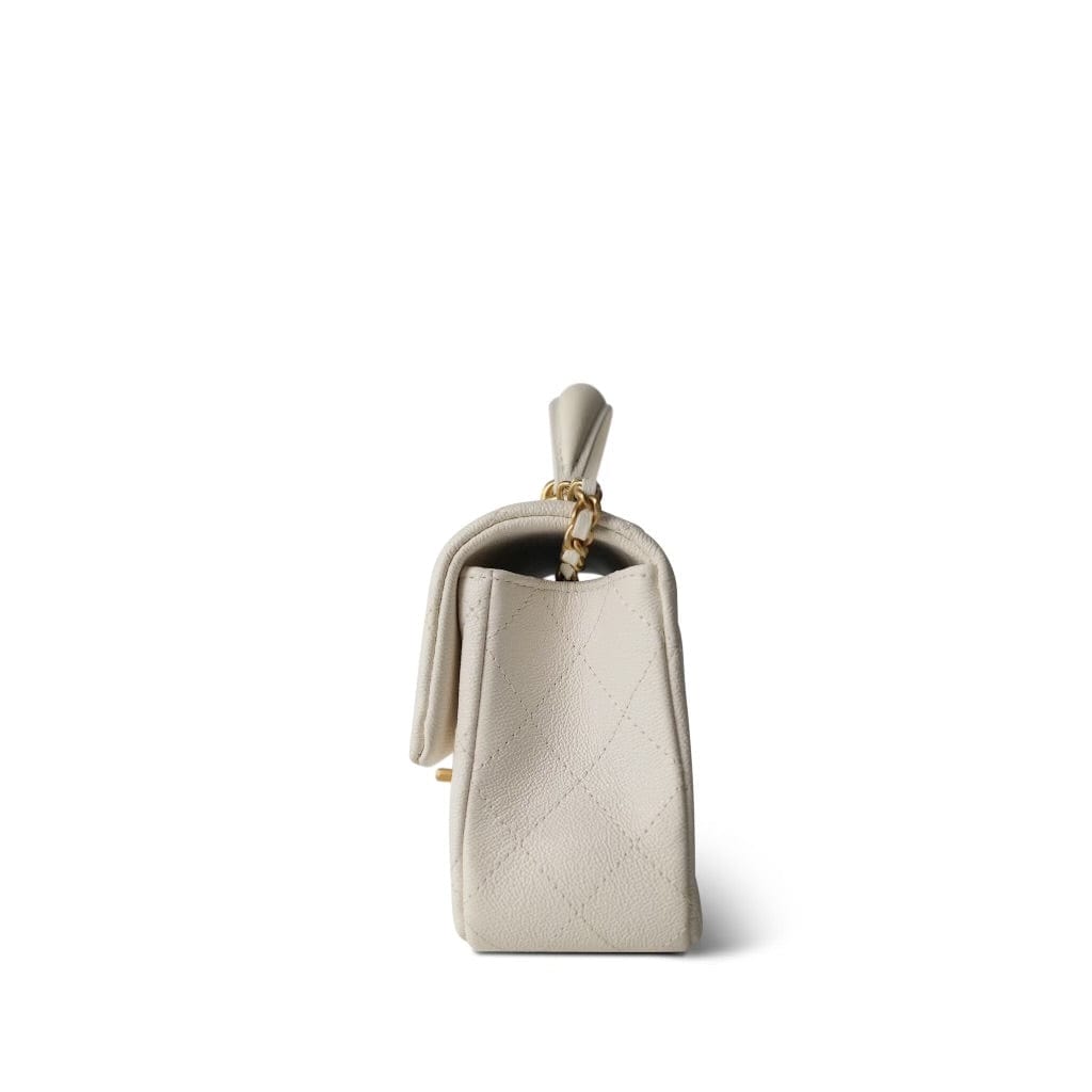 21S White / Ivory Caviar Quilted Mini Top Handle Aged Gold Hardware