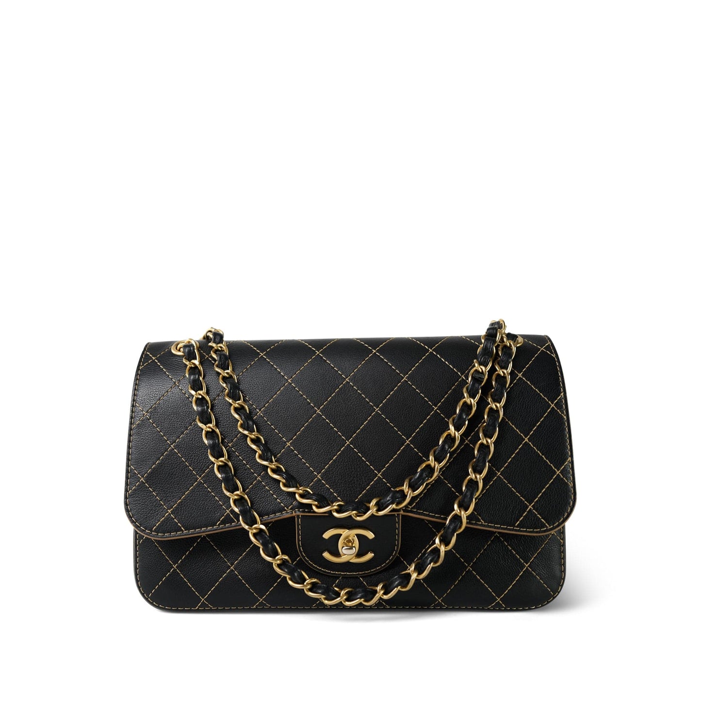 17B Black Calfskin / Tan Suede Wild Stitch Double Flap Jumbo Flap Aged Gold Hardware