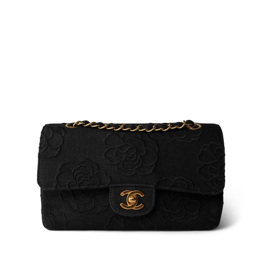 Vintage Black Canvas Camellia Classic Small Double Flap Gold Hardware