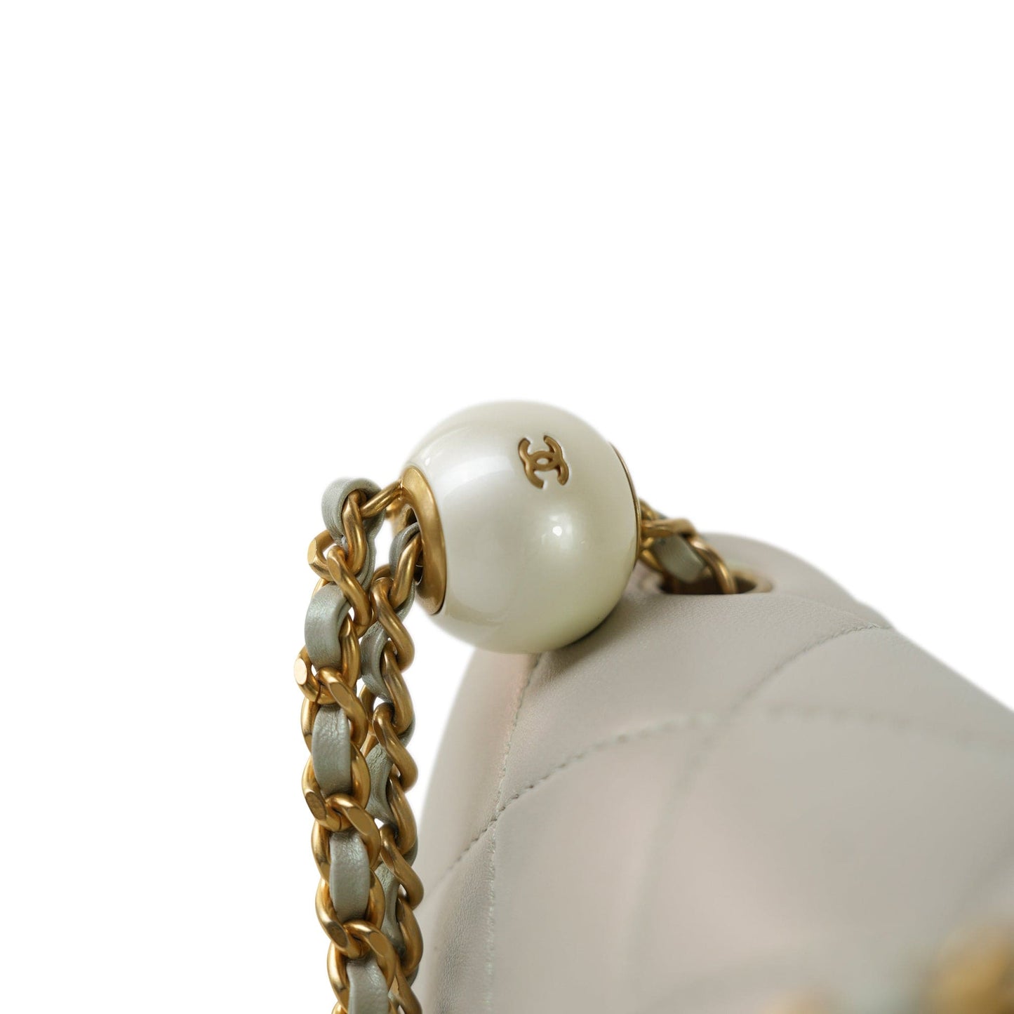 White Pearly/Iridescent Mini Pearl Flap Aged Gold Hardware