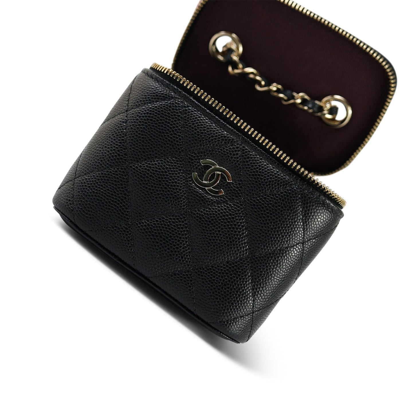 21S Black Caviar Quilted Mini Clutch With Chain Light Gold Hardware
